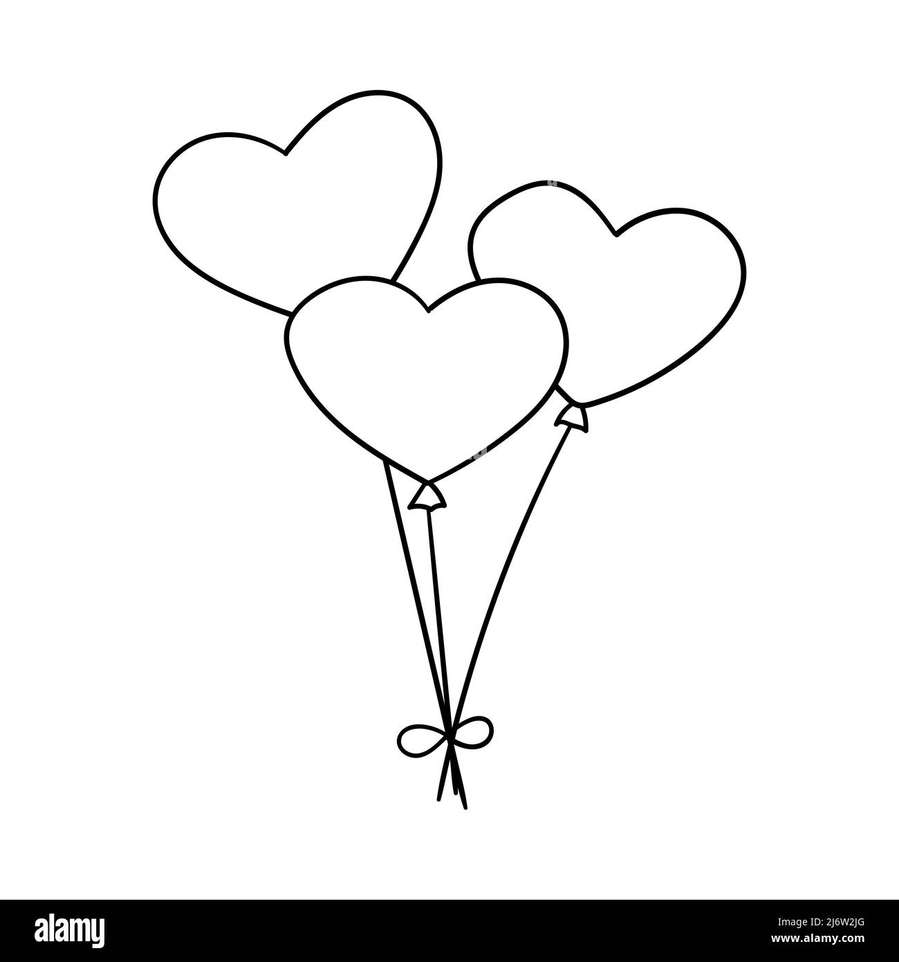 Trois ballons en forme de coeur. Élément décoratif pour la Saint-Valentin. Un objet de conception de contour simple est dessiné à la main et isolé sur blanc. Illustration de Vecteur
