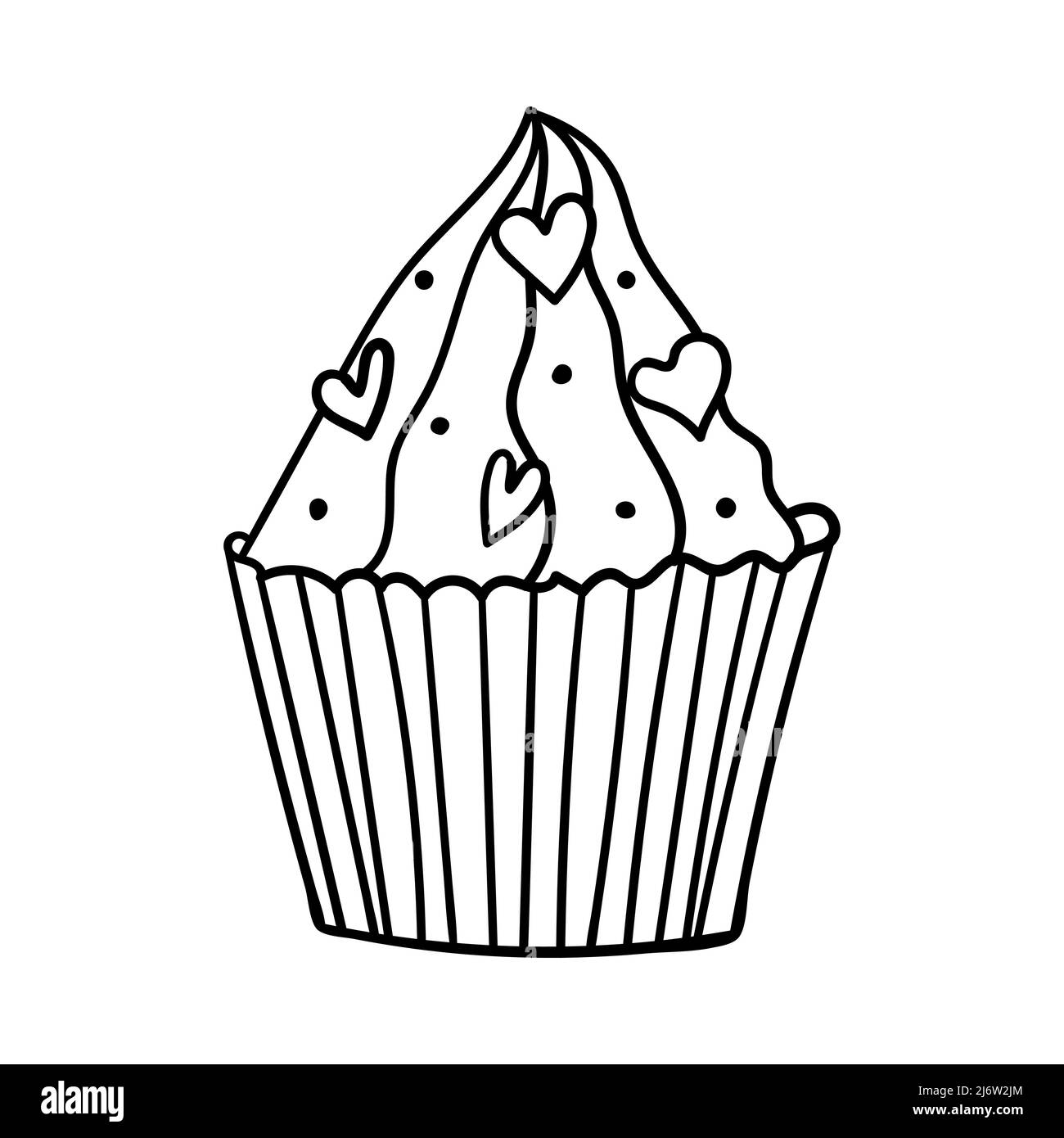 Cupcake à la crème et décoration de coeurs. Pour la décoration le jour de la Saint-Valentin. L'élément de conception de contour simple est dessiné à la main et isolé sur blanc. Doo Illustration de Vecteur