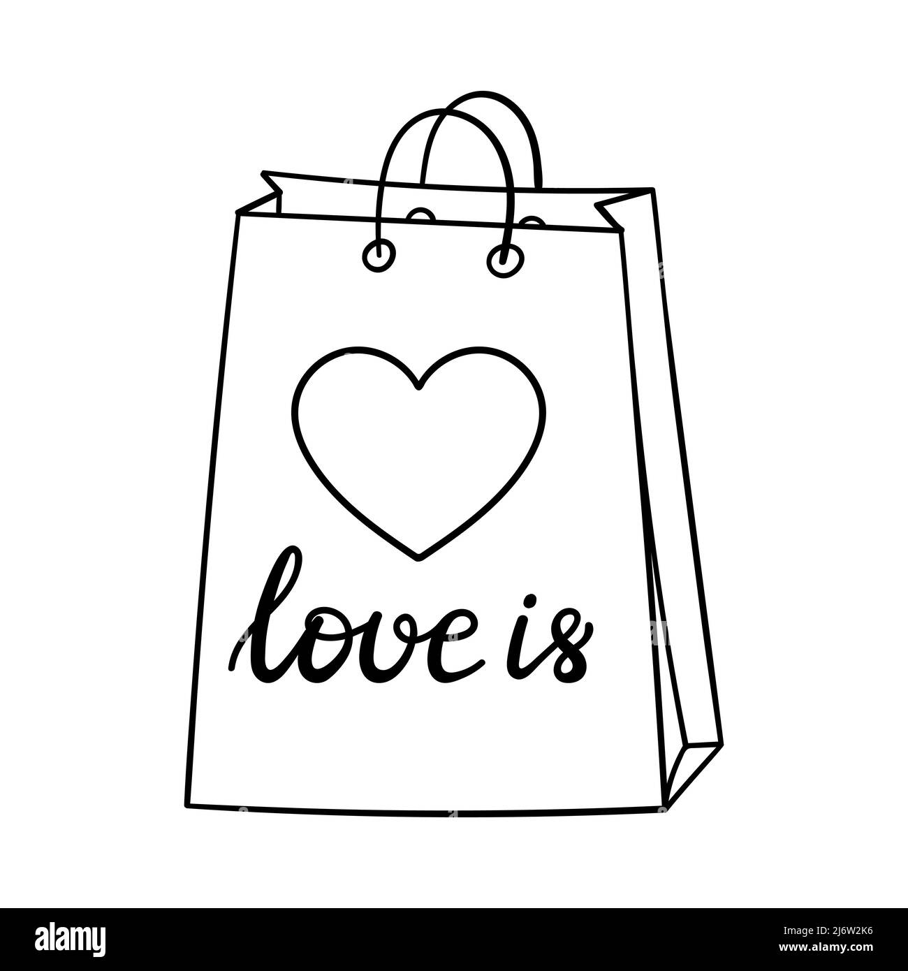 Sac cadeau avec coeur. Élément décoratif pour la Saint-Valentin. Un simple objet de conception de contour est dessiné à la main et isolé sur un fond blanc Illustration de Vecteur
