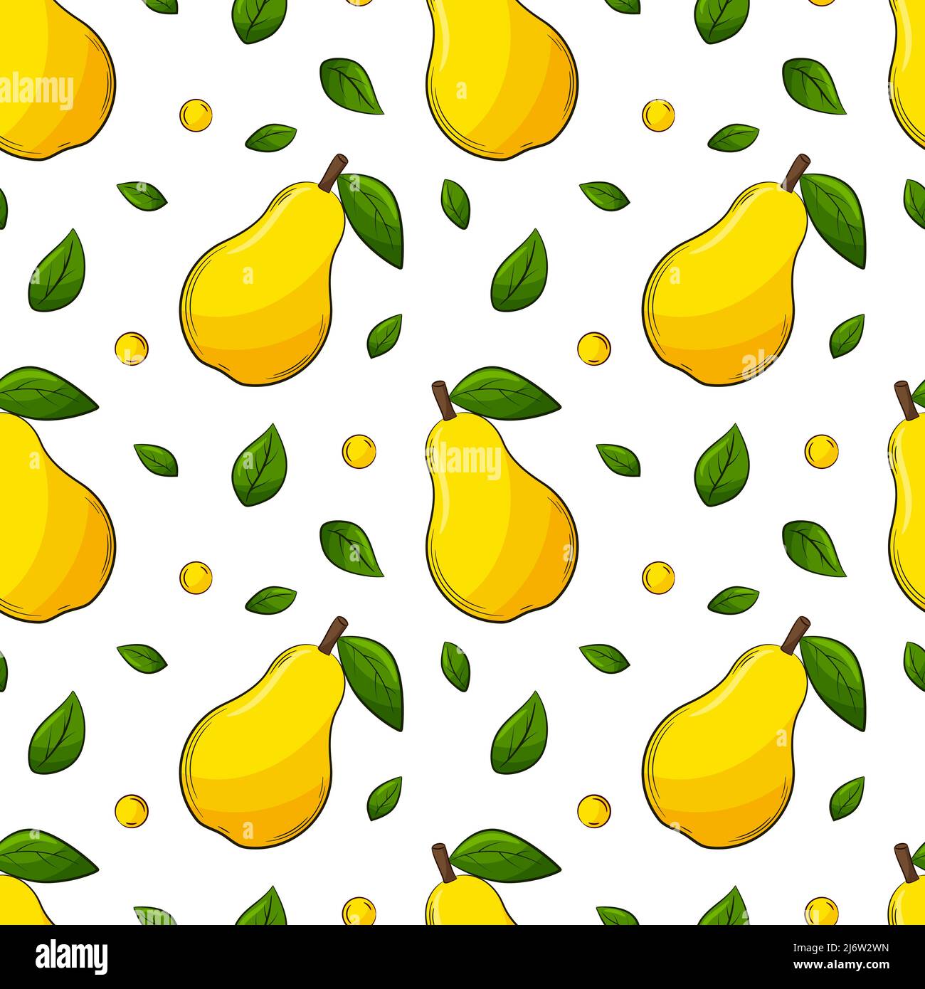 Motif sans couture avec poires et feuilles. Brillant, jaune, juteux, estival, fruité. Les éléments colorés avec un trait, dans un style linéaire, sont isolés Illustration de Vecteur