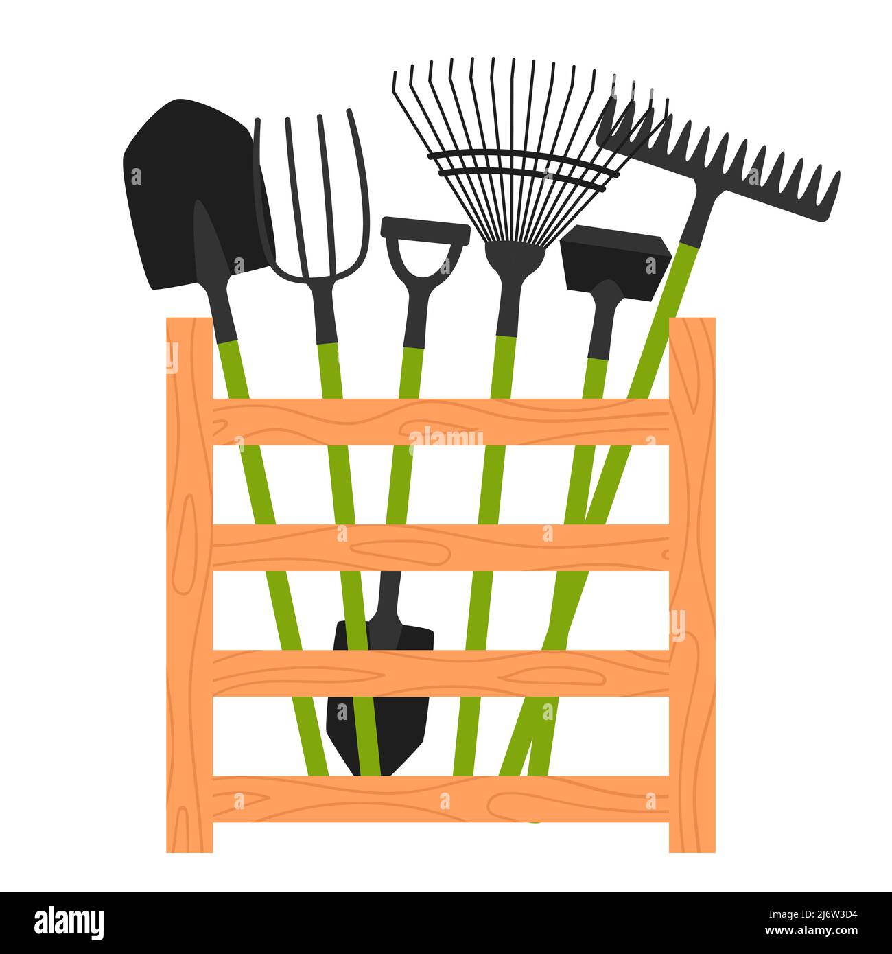 Une collection d'outils de jardin dans une boîte en bois. Râteau, pelle, fourche, pelle. Un ensemble d'équipement pour le jardinage, printemps. Concevoir des éléments dans un fla de dessin animé Illustration de Vecteur