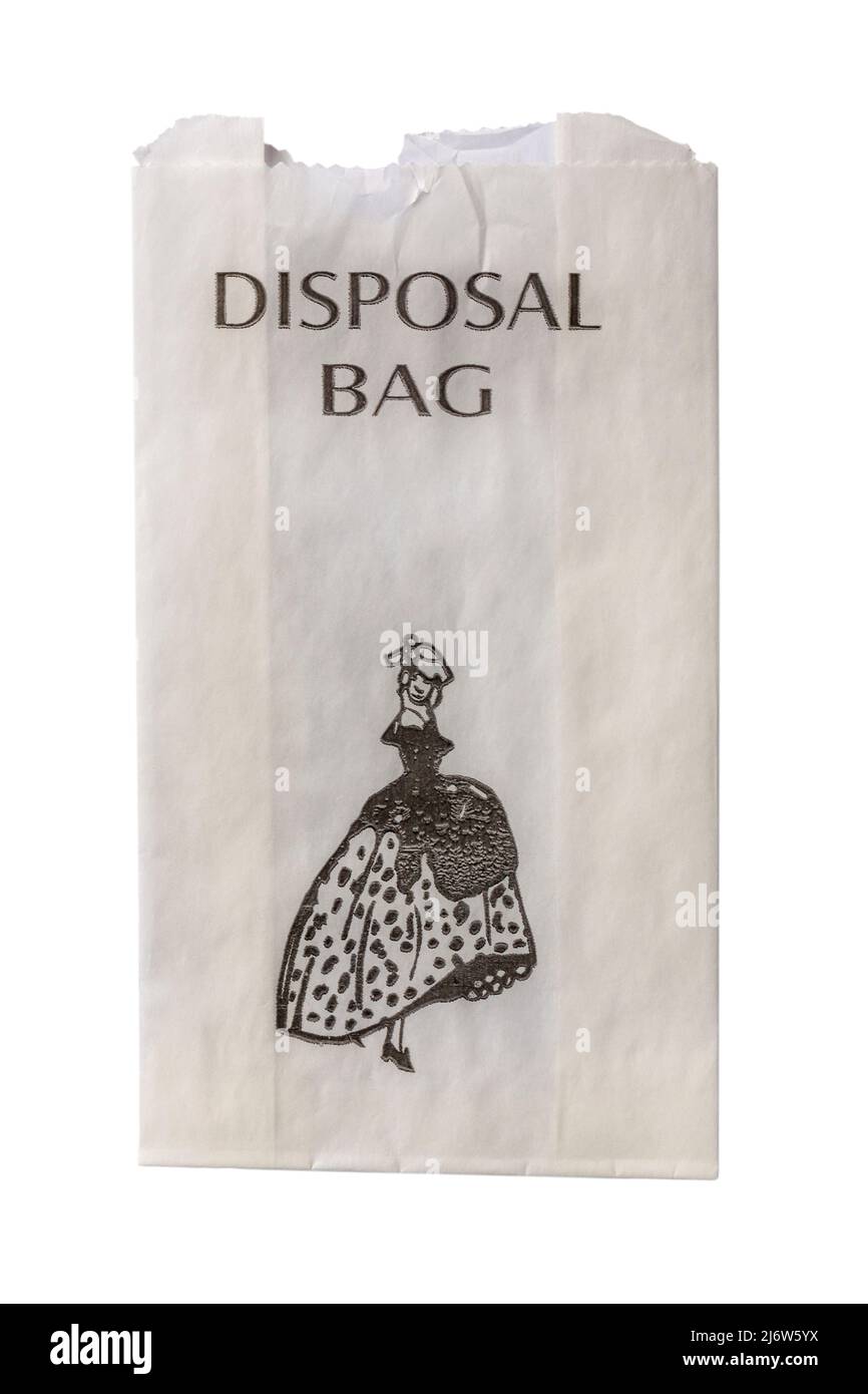 Sac de mise au rebut papier pour produits sanitaires, sac sanitaire en papier isolé sur fond blanc Banque D'Images
