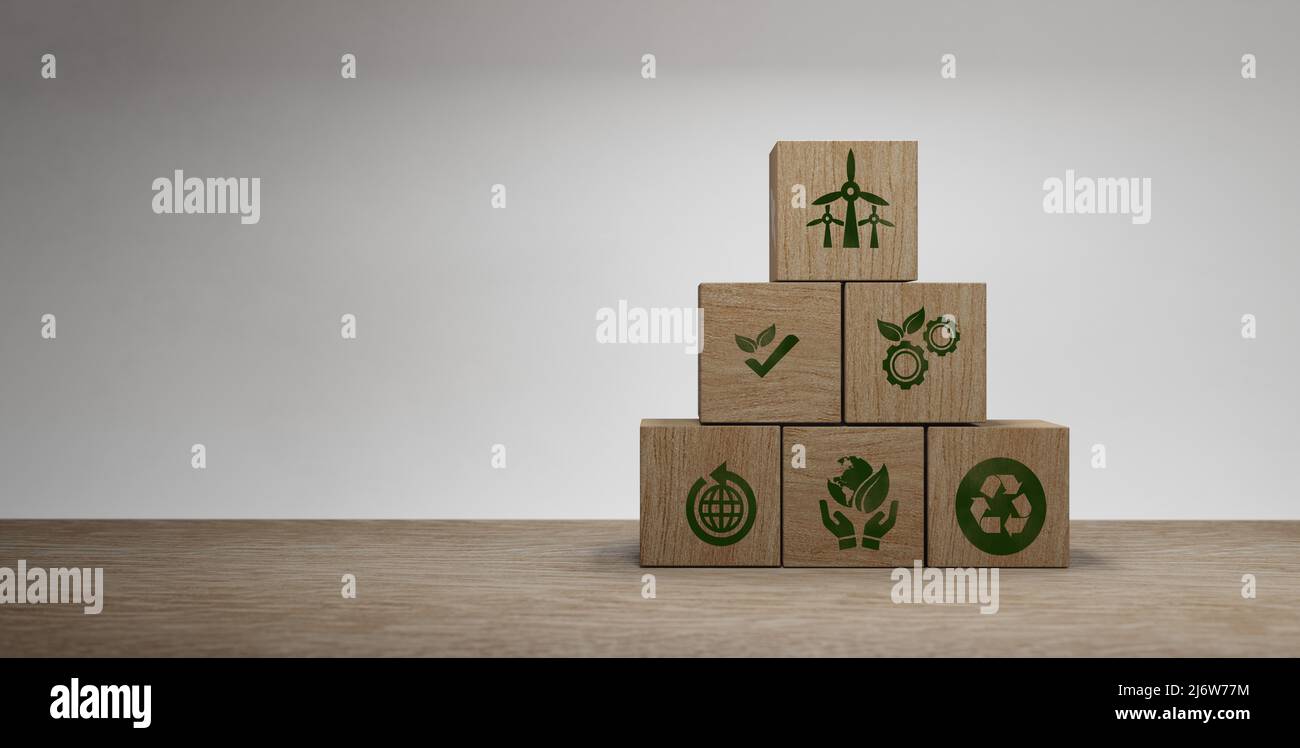 bloc en bois avec des icônes ESG concept pour l'environnement, social et la gouvernance dans les affaires durables et éthiques sur la connexion réseau sur le concep vert Banque D'Images