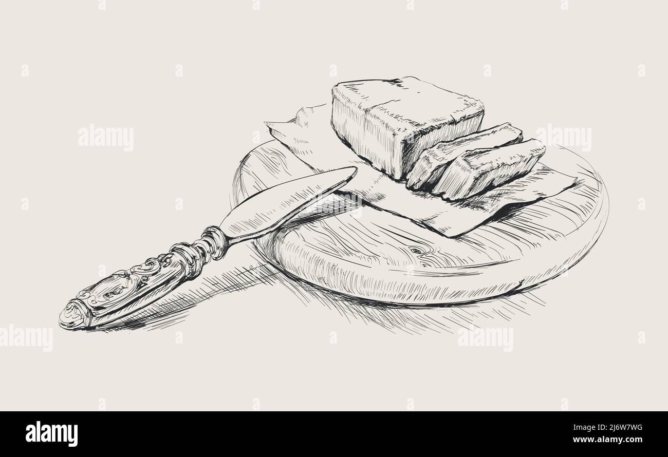 Couteau à beurre sur une planche à découper. Illustration du vecteur de cuisson dessiné à la main. Esquisse de cuisine. Petit déjeuner Illustration de Vecteur