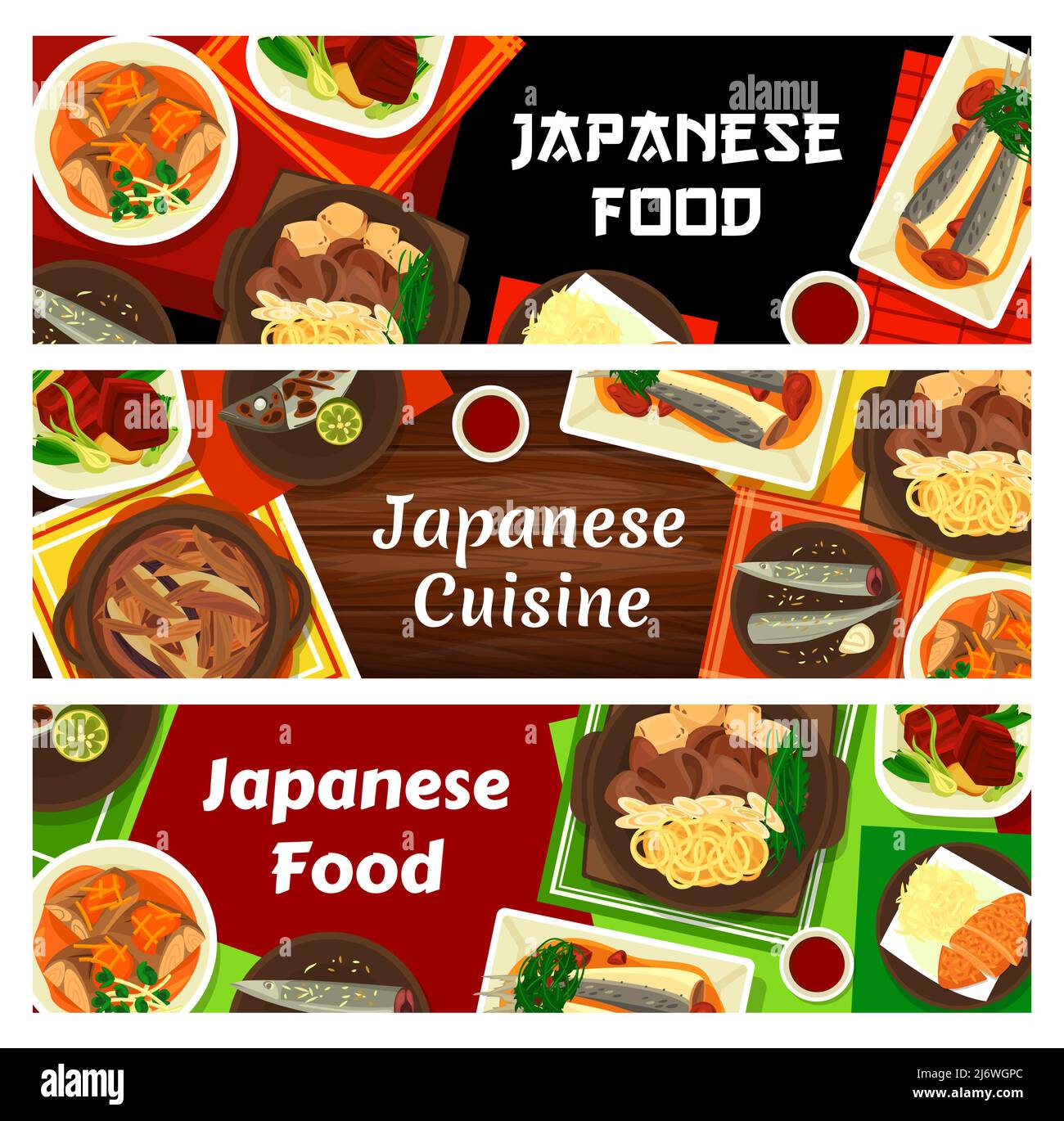 Banderoles de cuisine japonaise et plats de restaurant asiatiques, Vector. Maquereau alimentaire japonais poisson de saba en sauce miso et bœuf en sukuyaki, sardine avec prunes et kakuni de poitrine de porc mijotée Illustration de Vecteur