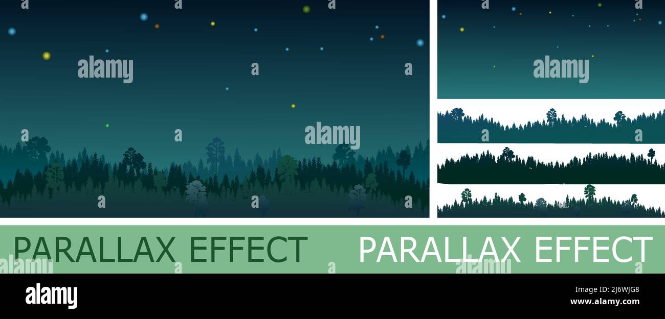 Forêt de pins la nuit avec effet parallaxe. Silhouettes de conifères dans l'obscurité. Ciel étoilé. Paysage sombre horizontalement. Vue panoramique. Être Illustration de Vecteur