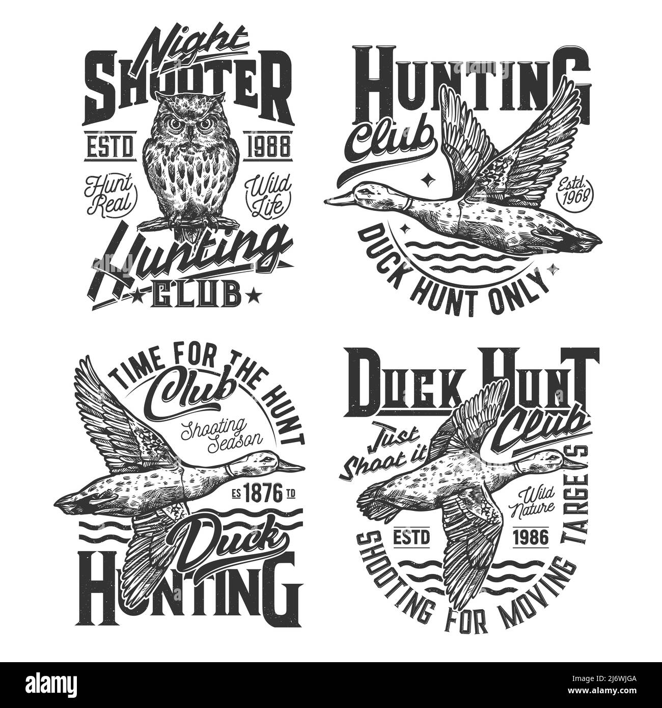 Imprimés de chemise d'aventure de chasse, étiquettes de club de chasseur pour vêtements de t-shirt, vecteur. Saison de chasse pour les hibou des forêts et les canards de lac, les oiseaux sauvages chassent des badges avec des citations pour l'imprimé t-shirt Illustration de Vecteur