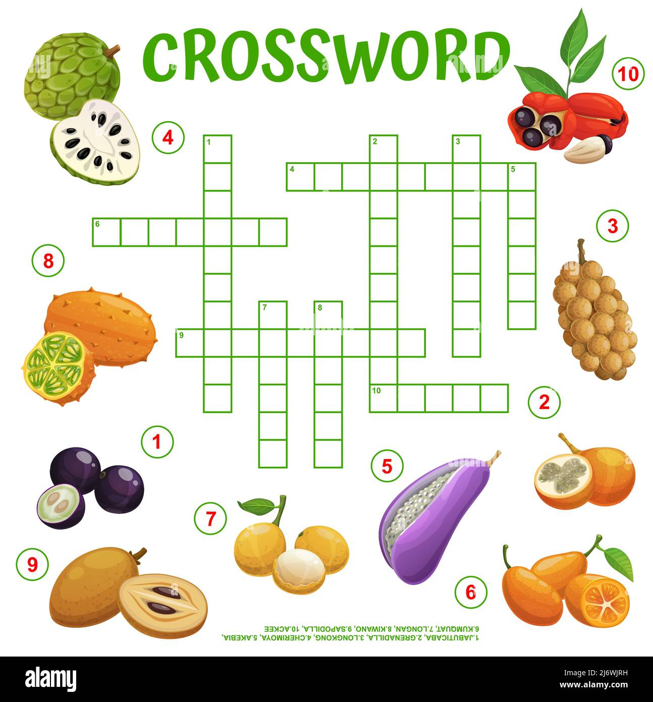 Grille de mots croisés de fruits tropicaux exotiques, jeu de quiz de mot de recherche, feuille de calcul de puzzle de vecteur. Crossword Riddle pour deviner le mot des fruits tropicaux kiwano, cherimoya et kumquat avec sapodilla et la pomme ackee Illustration de Vecteur