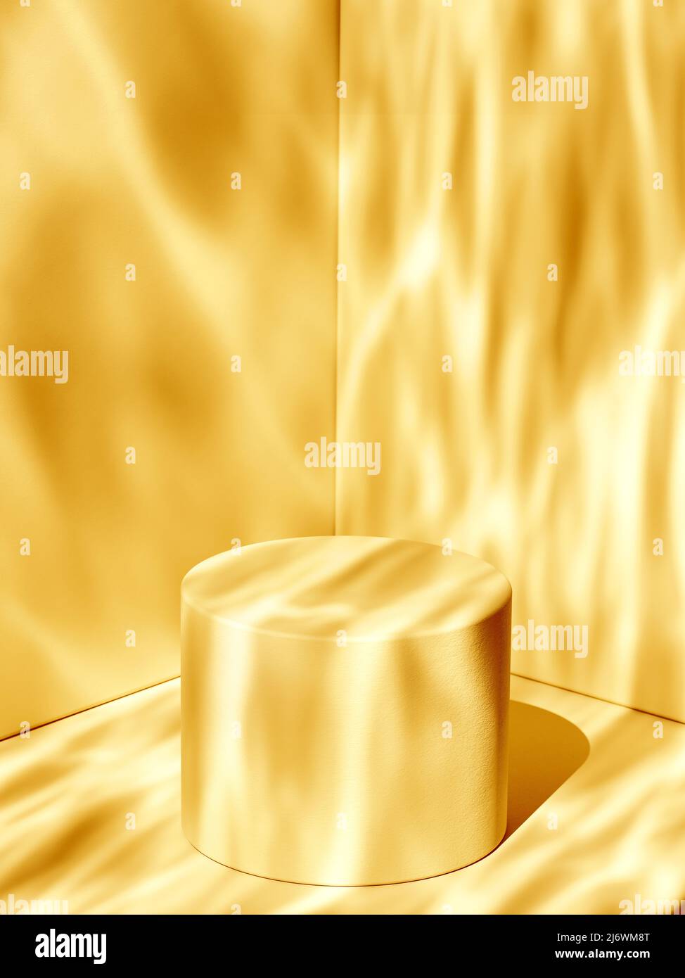 Socle cylindrique, scène avec texture d'eau ensoleillée et ondulée. 3d modèle graphique d'ordinateur de l'emplacement de présentation de vos produits. Modèle vide. Banque D'Images