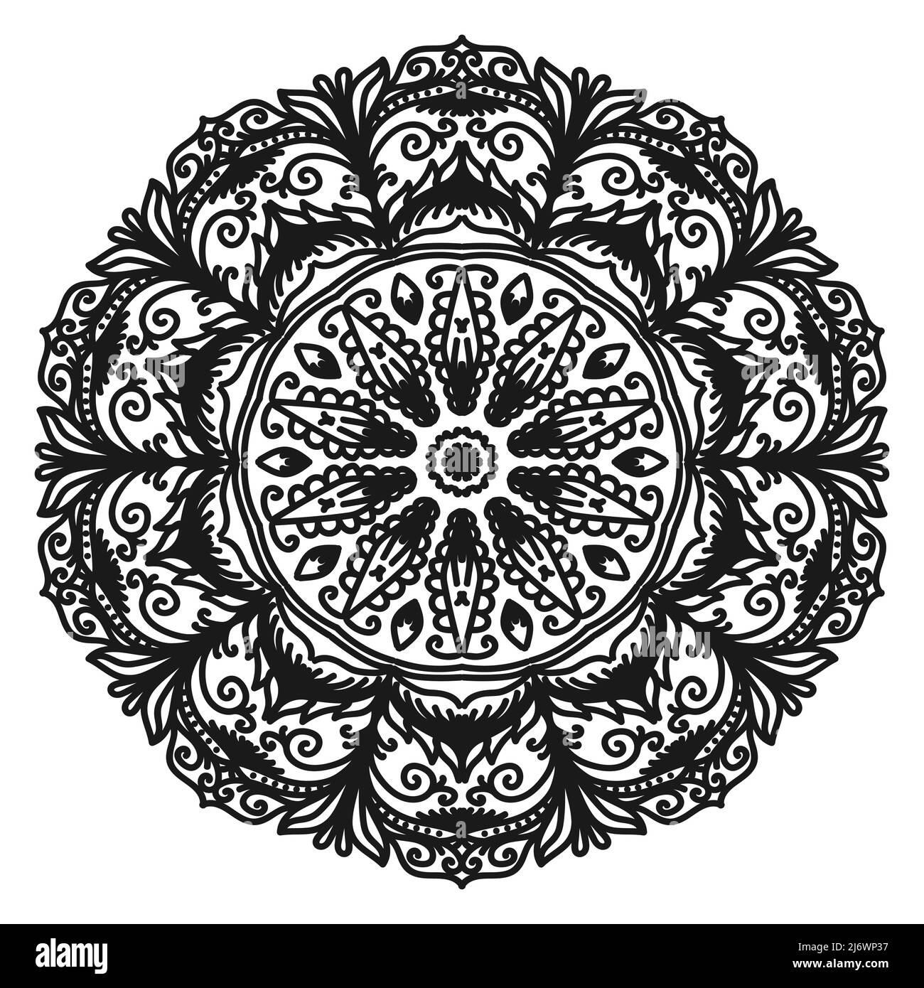 Répétition circulaire d'un mandala pour le henné. Décoration décorative noire sur fond blanc. Page de livre de coloriage antistress. Illustration de Vecteur