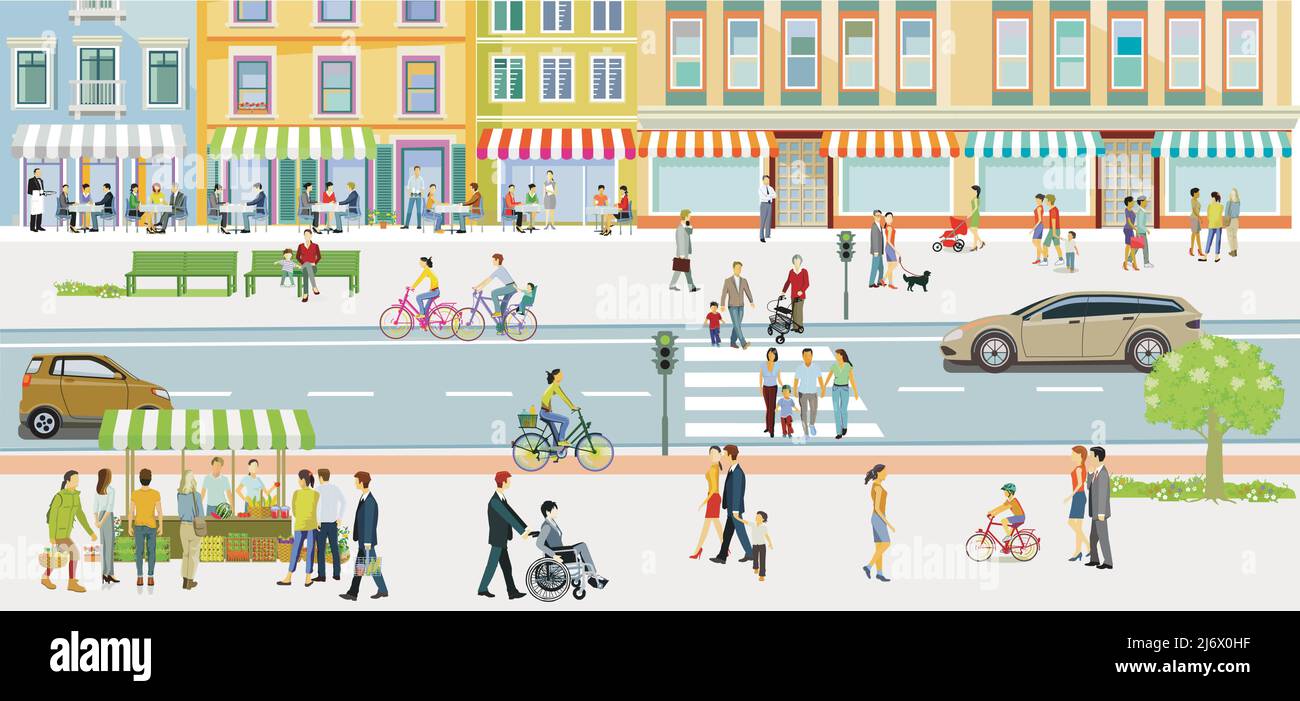 La vie urbaine, avec des restaurants piétons et des gens à loisir, illustration Illustration de Vecteur