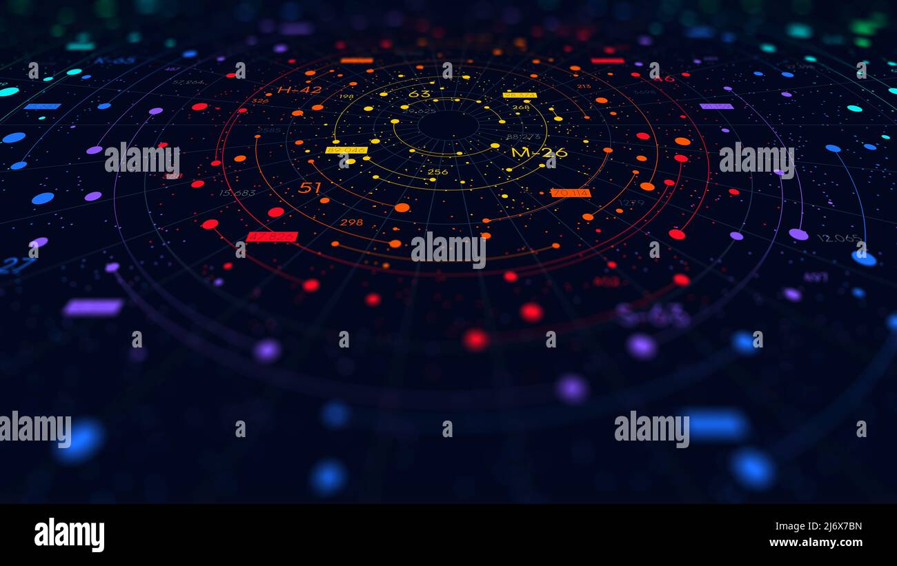 Cloud numérique Big Data avec chiffres et structure circulaire, visualisation couleur du processus d'analyse des flux d'informations, illustration commerciale, moniteur s. Banque D'Images