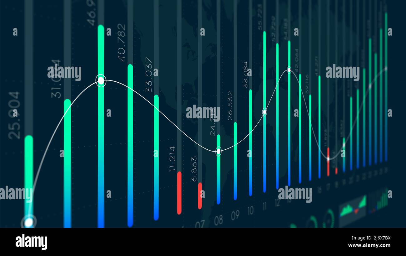 Tableau de bord graphique visualisation des Big Data, option binaire, statistiques et analyse du marché, écran de surveillance en perspective Banque D'Images