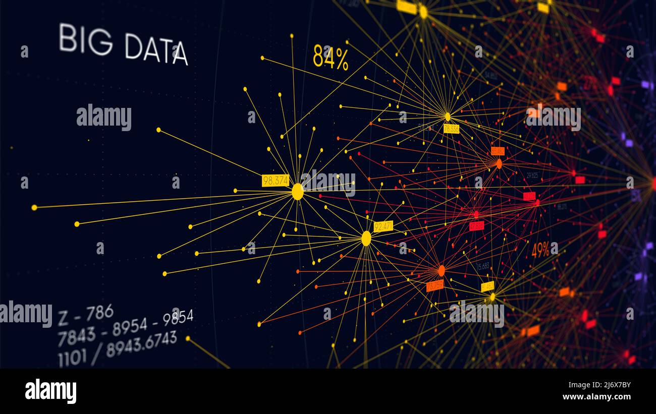 Nœuds d'information Big Data, analyse de l'information et tri des connexions neuronales, visualisation scientifique des réseaux numériques, écran de surveillance en pe Banque D'Images