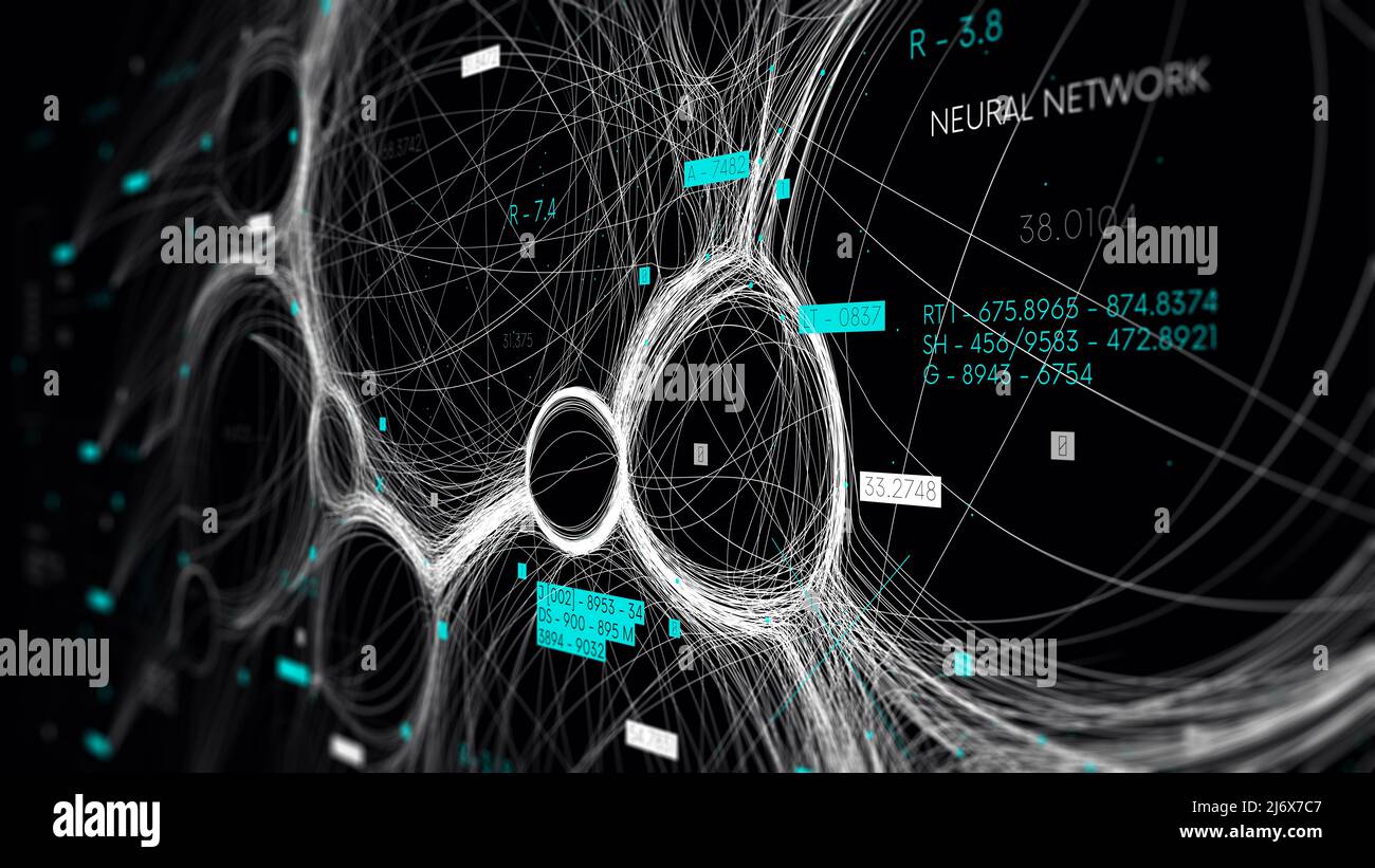 Visualisation numérique du flux de données et de la formation de réseaux neuronaux, traitement de base de données, écran de surveillance en perspective Banque D'Images