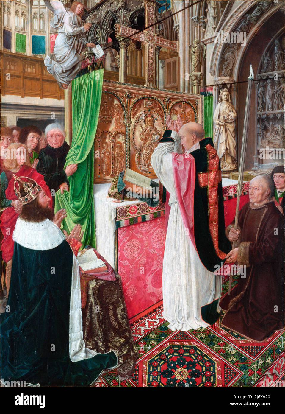 La messe de Saint Giles par le Maître de Saint Giles, huile sur chêne, c. 1500. Charlemagne, empereur romain Saint, s'agenouille à côté d'un autel où un prêtre exécute la messe. Banque D'Images