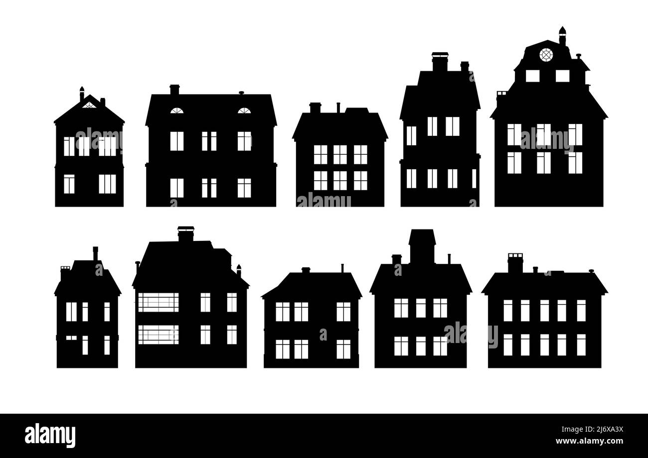 Maisons rurales avec silhouette de fenêtres. Isolé sur fond blanc. Ensemble d'objets. La petite ville abrite des quartiers résidentiels. Paysage urbain avec bâtiments. Nous Illustration de Vecteur