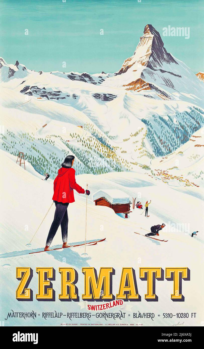 Vintage 1930s Zermatt ski poster avec Matterhorn derrière la Suisse des