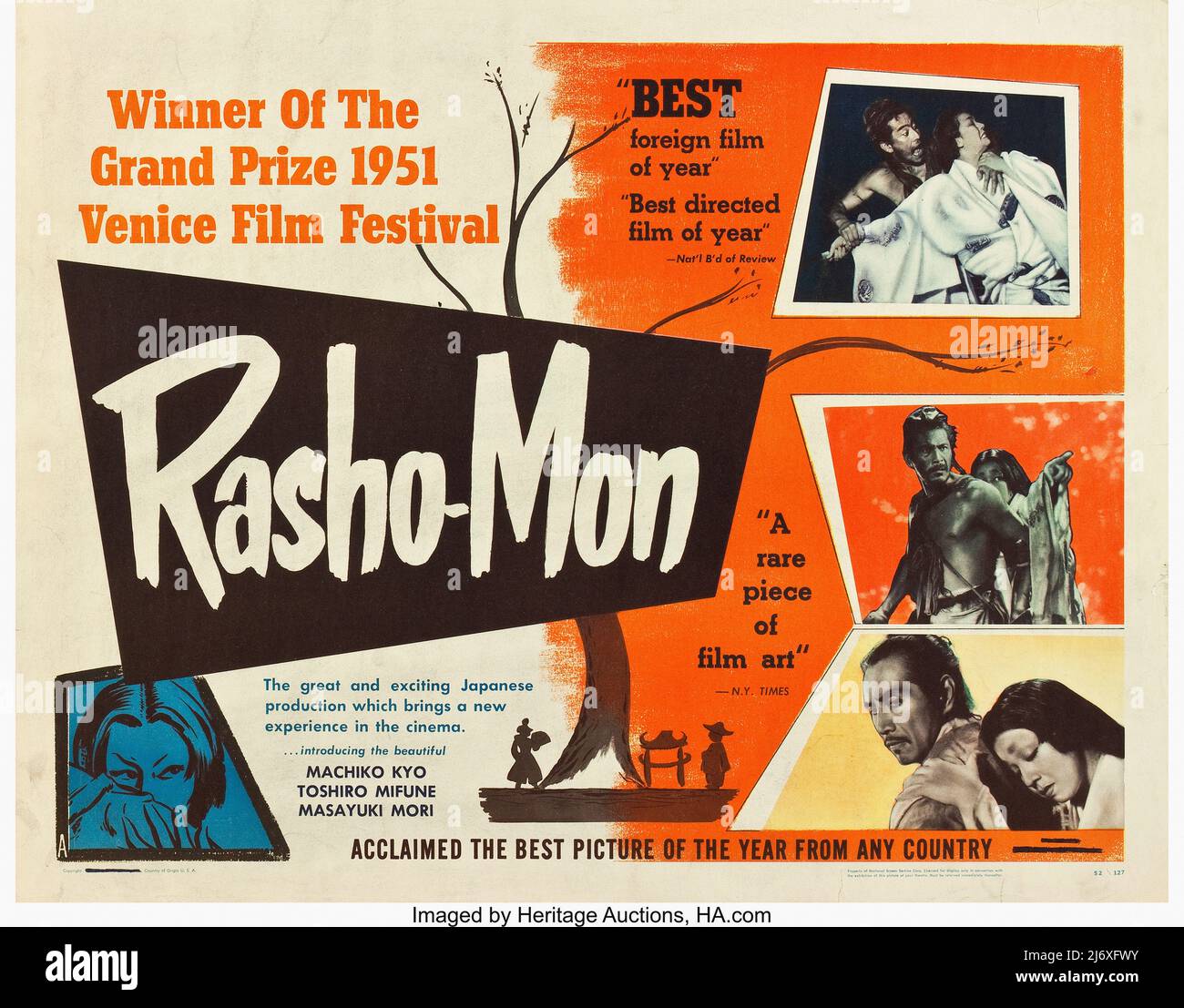 Affiche du film vintage - RASHOMON (1950). Samouraï (Toshiro Mifune) Directeur : Akira Kurosawa Banque D'Images