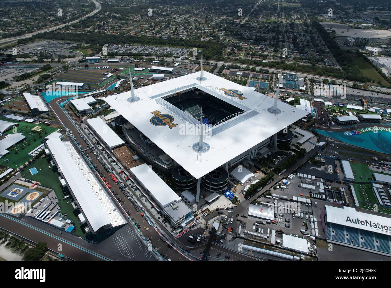 Vue aérienne du F1 Grand Prix de Miami au stade Hard Rock, le lundi 2 mai 2022, dans les jardins de Miami, Fla une vue aérienne de F1 course Banque D'Images