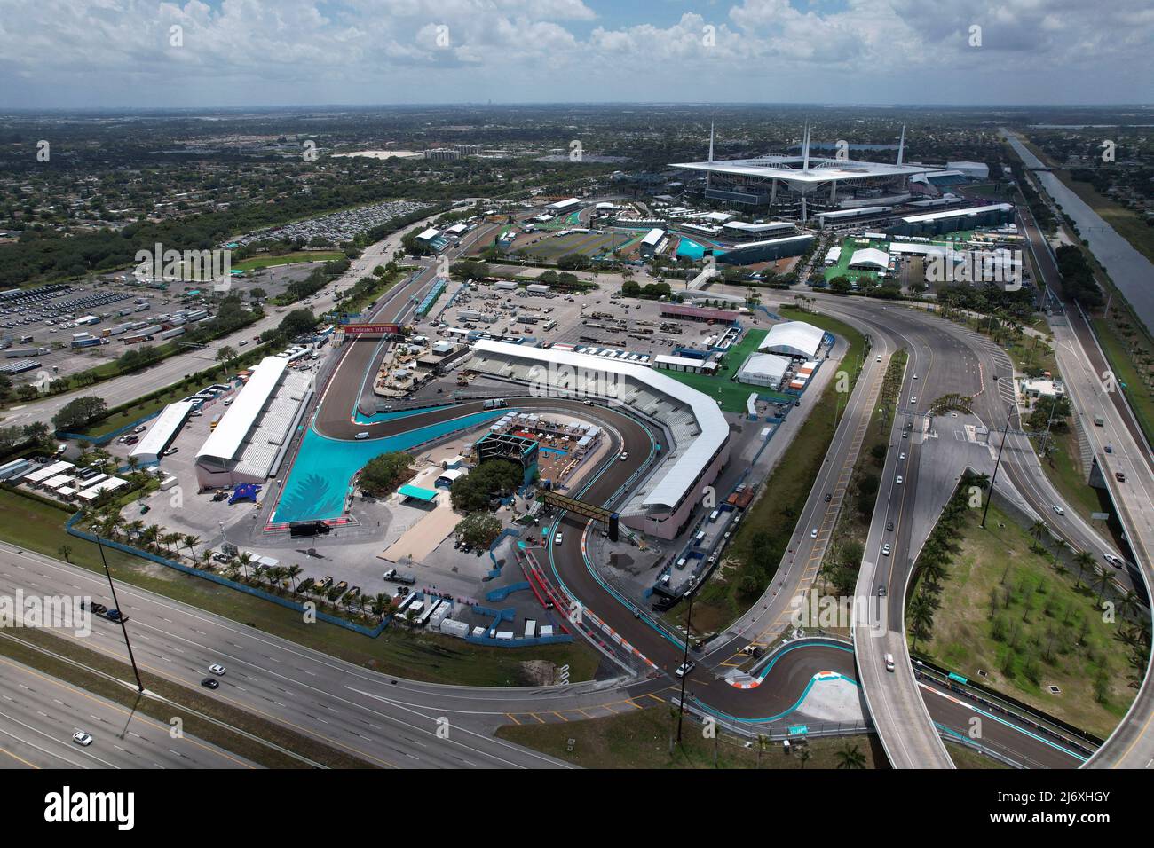 Vue aérienne du F1 Grand Prix de Miami au stade Hard Rock, le lundi 2 mai 2022, dans les jardins de Miami, Fla une vue aérienne de F1 course Banque D'Images