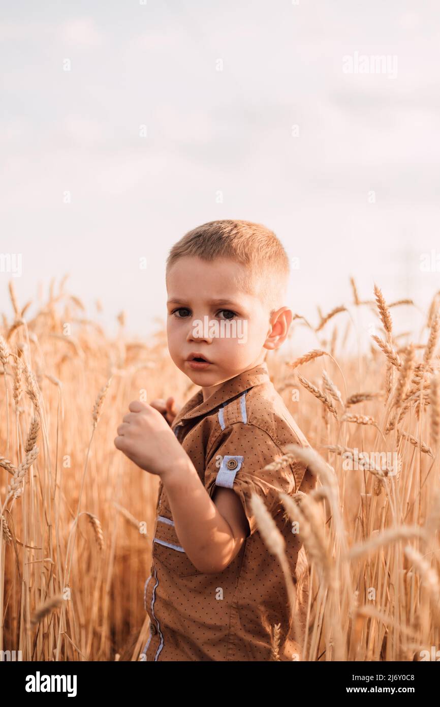 Un enfant triste se tient dans un champ de blé et regarde vers l'avenir. Banque D'Images