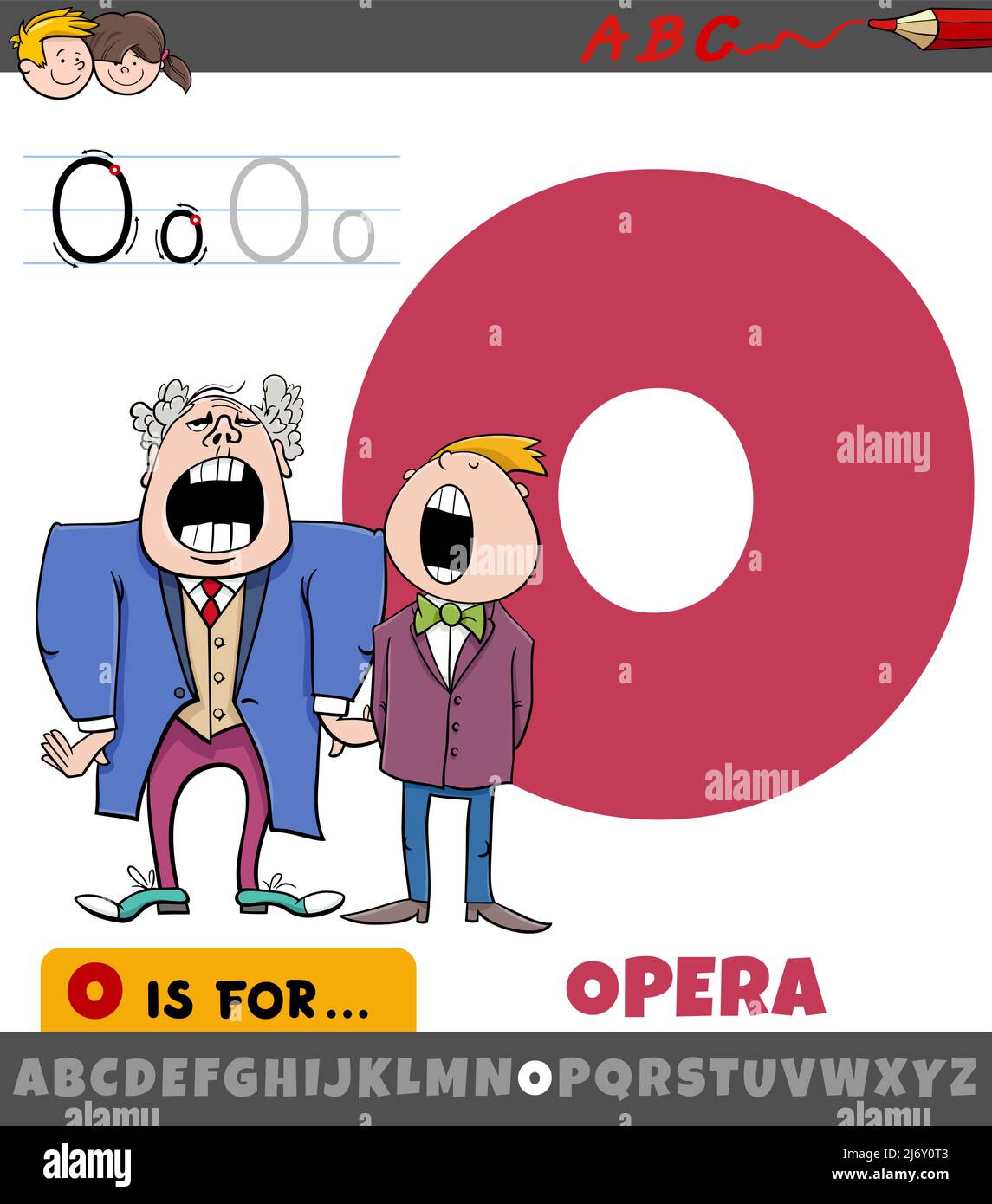 Dessin animé éducatif de la lettre O de l'alphabet avec des personnages chanteurs d'opéra Illustration de Vecteur
