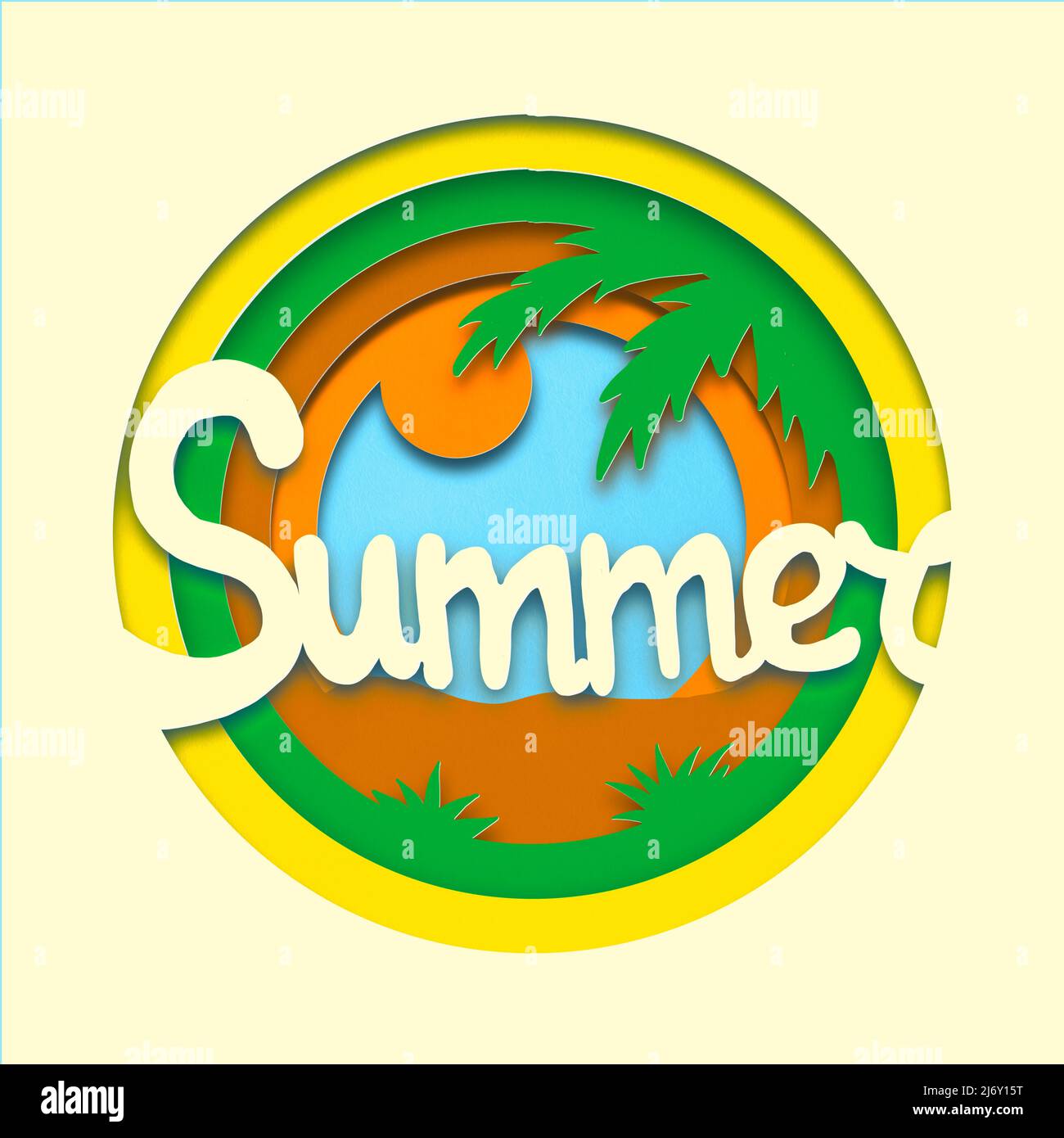 Paysage d'été dans le style de papier découpé soleil de mer et fond de sable Banque D'Images