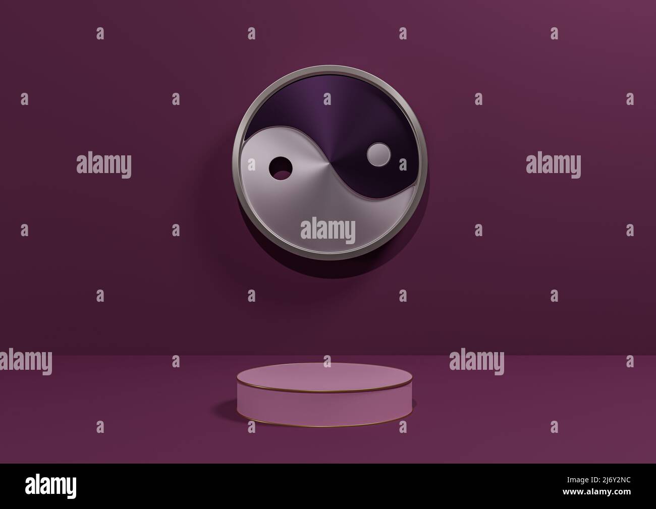 Magenta foncé, violet 3D produit de rendu arrière-plan simple, minimal avec Yin métallique et le symbole yang podium ou stand avec ligne dorée, arrière Banque D'Images