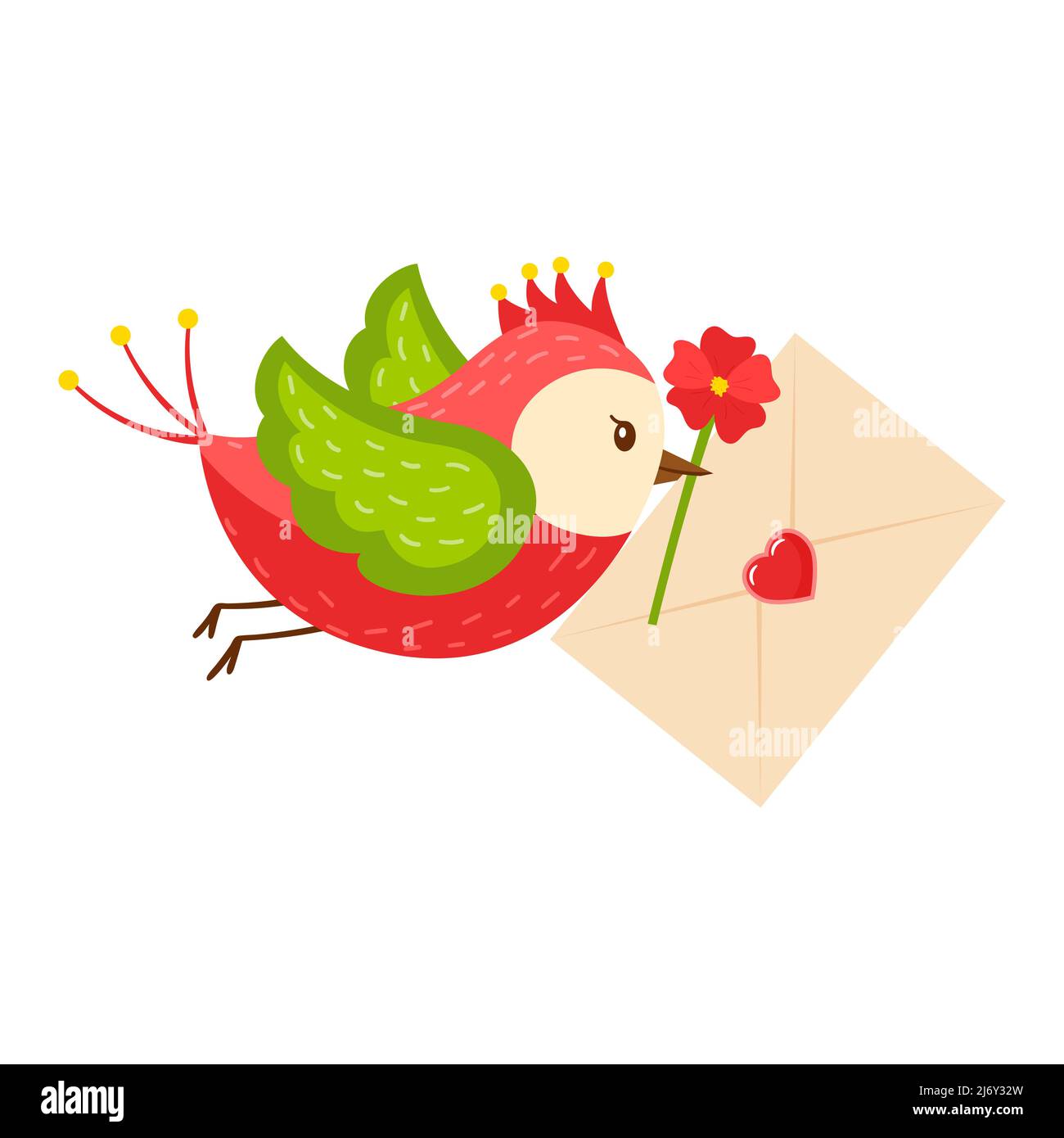 Un oiseau de dessin animé vif porte un coeur de lettre et une fleur rouge dans son bec. Le concept de nouvelles agréables, Valentin. Un symbole d'amour. Vecteur de couleur il Illustration de Vecteur