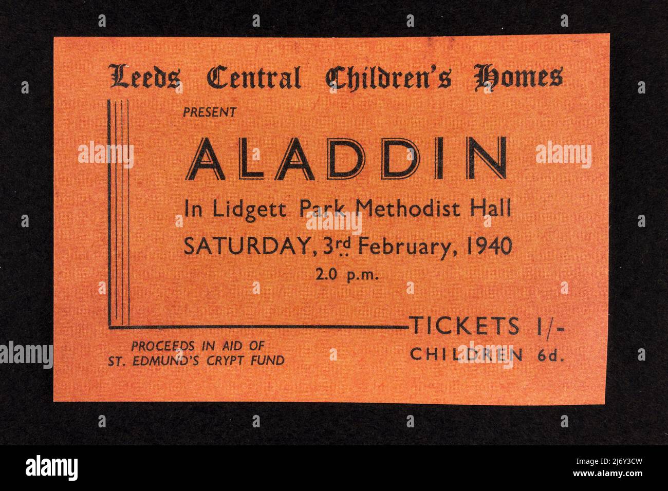 Réplique du billet enfant pour le pantomime « Aladdin » au Lidgett Park Methodist Hall de Leeds, le 3rd février 1940. Banque D'Images