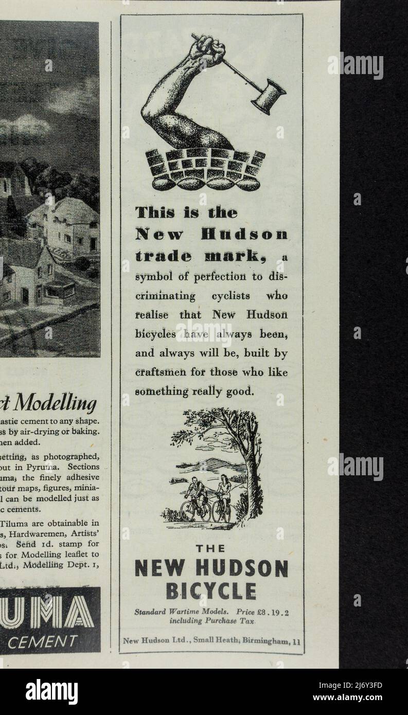 Publicité pour le « New Hudson Bicycle » en souvenirs (réplique) concernant les enfants pendant la Seconde Guerre mondiale. Banque D'Images