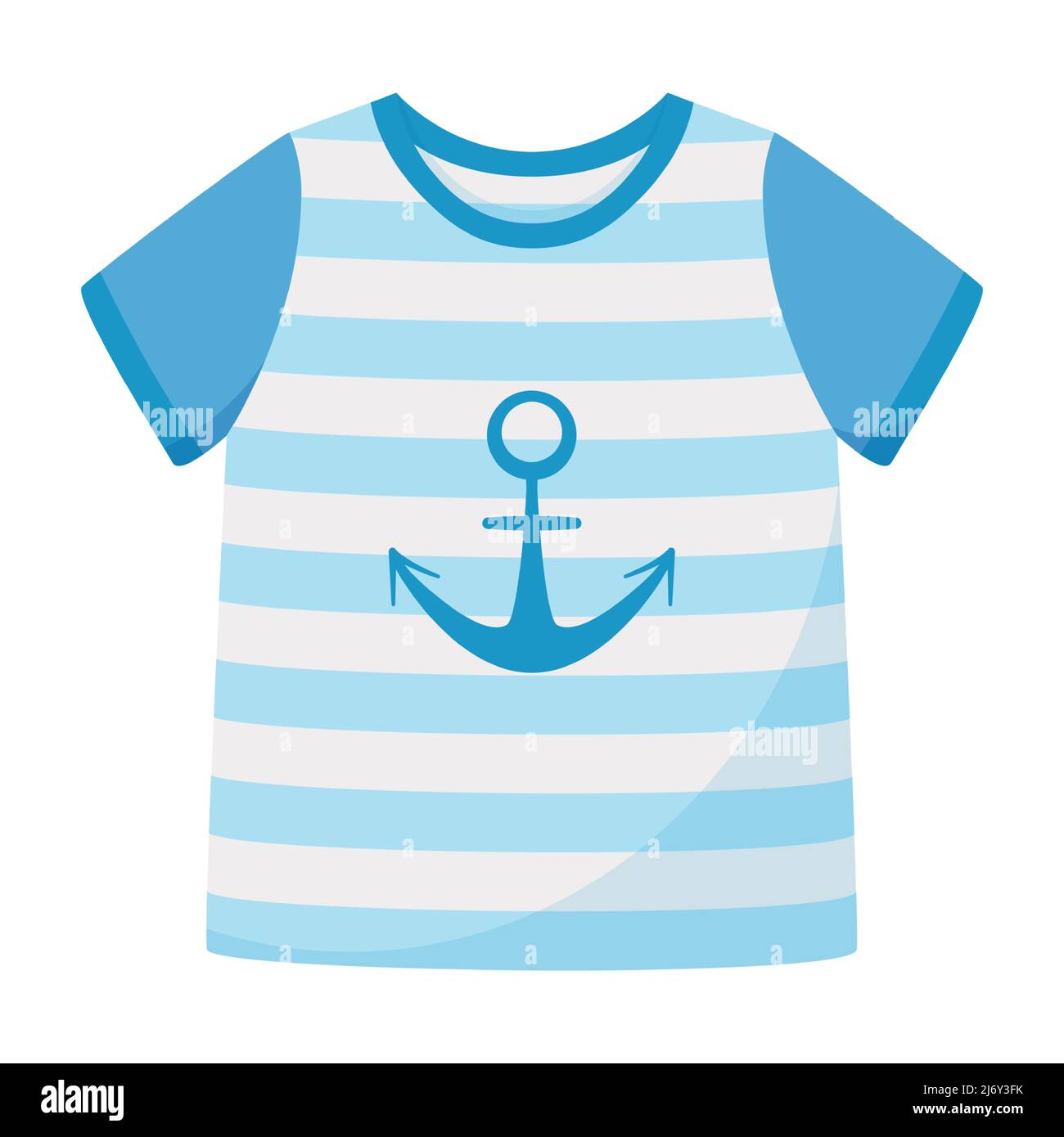 T-shirt rayé bleu à manches courtes et ancrage. Vêtements d'été unisexe. Illustration vectorielle dans un style plat. Isolé sur blanc Illustration de Vecteur