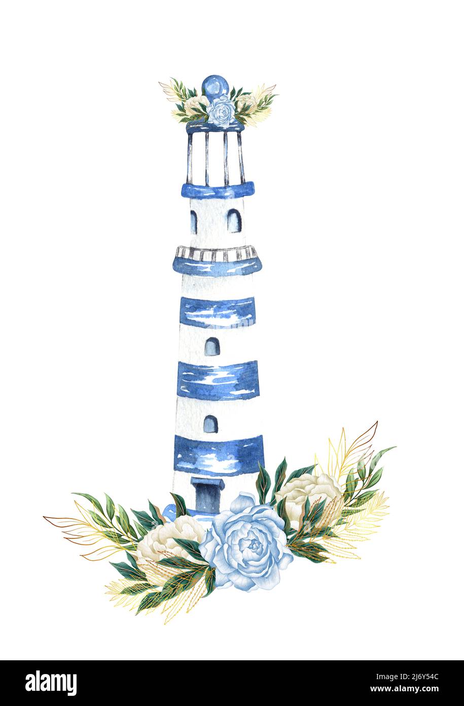 Aquarelle dessin à la main, illustration marine, florale avec phare et bouquet de fleurs. Banque D'Images