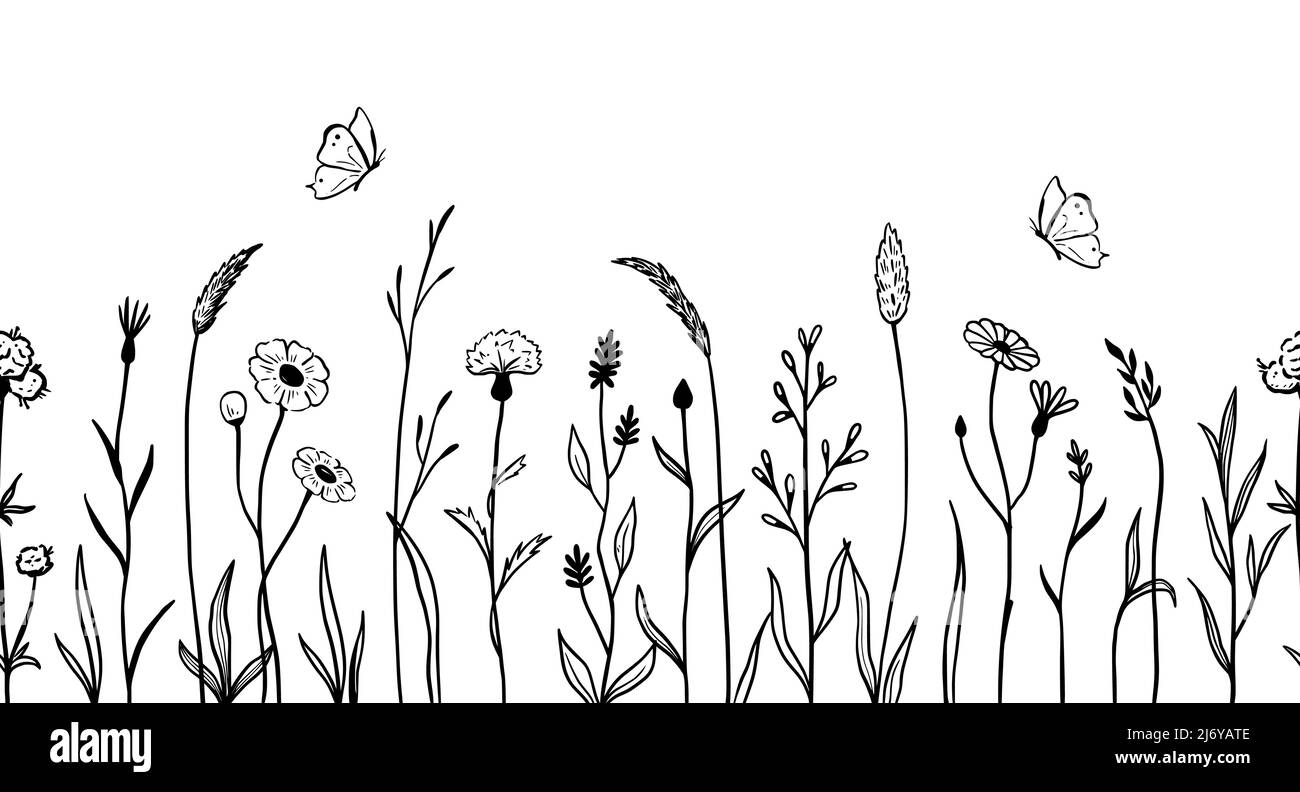Motif sans couture de la ligne de fleurs du champ sauvage. Motif d'esquisse de style join dessiné à la main élément floral sauvage pour un arrière-plan de printemps nature. Illustration vectorielle de la fleur et du champ d'herbe de jardin. Illustration de Vecteur