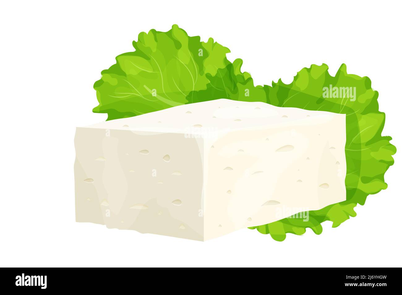 Pièce de fromage feta de style dessin animé ingrédient détaillé isolé sur fond blanc. Fromage blanc grec à base de lait de mouton ou de grain de lait. Illustration vectorielle Illustration de Vecteur