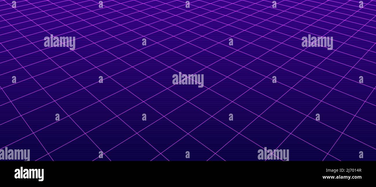 3D image filaire de la grille de perspective à deux points, violet numérique. Fond géométrique vide du sol du studio cyberespace. Scène virtuelle à trois dimensions. Guide facile Illustration de Vecteur
