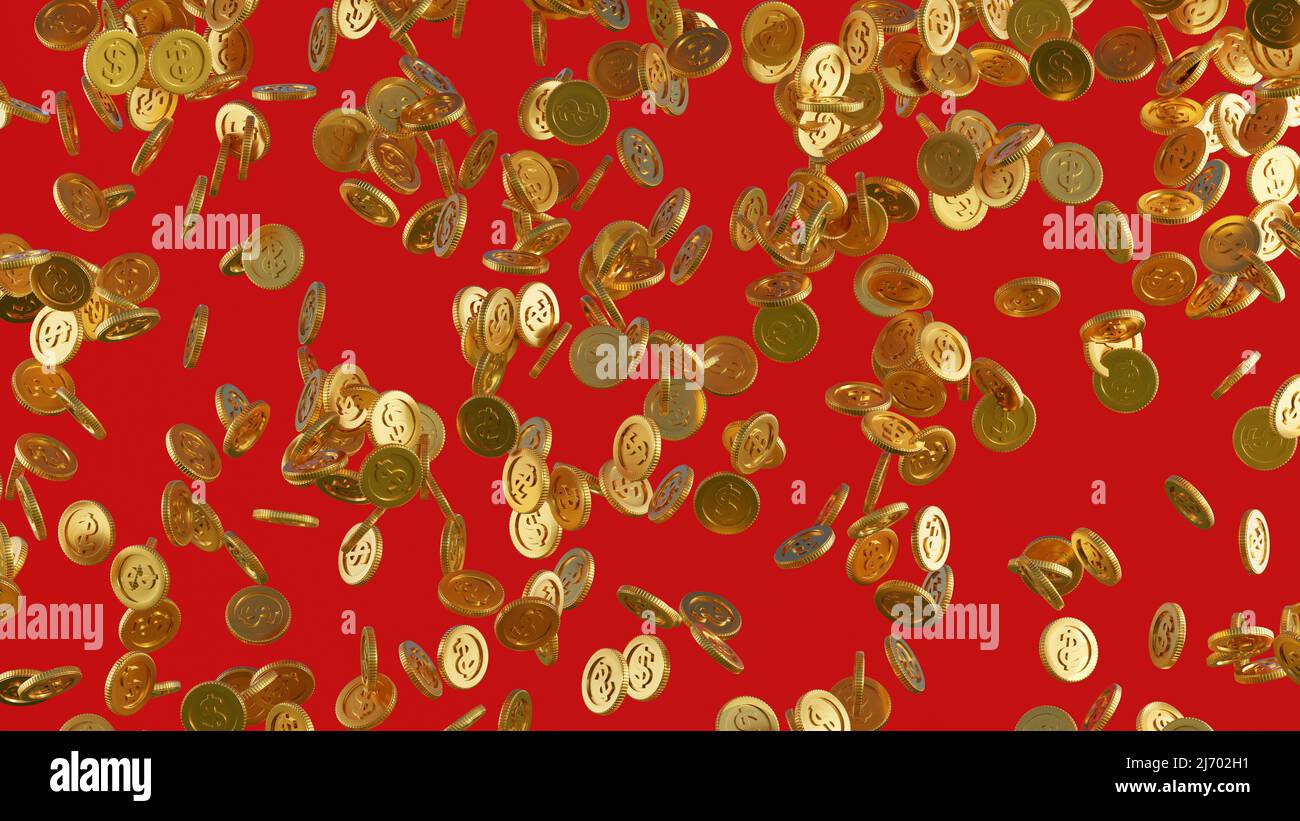 Les pièces de monnaie en dollars d'or tombent ou beaucoup de pièces d'or tombent sur fond rouge, le concept d'affaires de croissance. . 3d rendu. Banque D'Images
