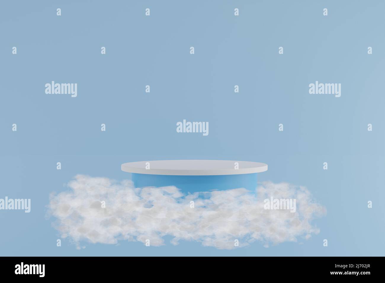 Podium cylindre bleu pastel sur fond bleu avec nuages doux, scène minimale, scène pour le produit, rendu 3D Banque D'Images