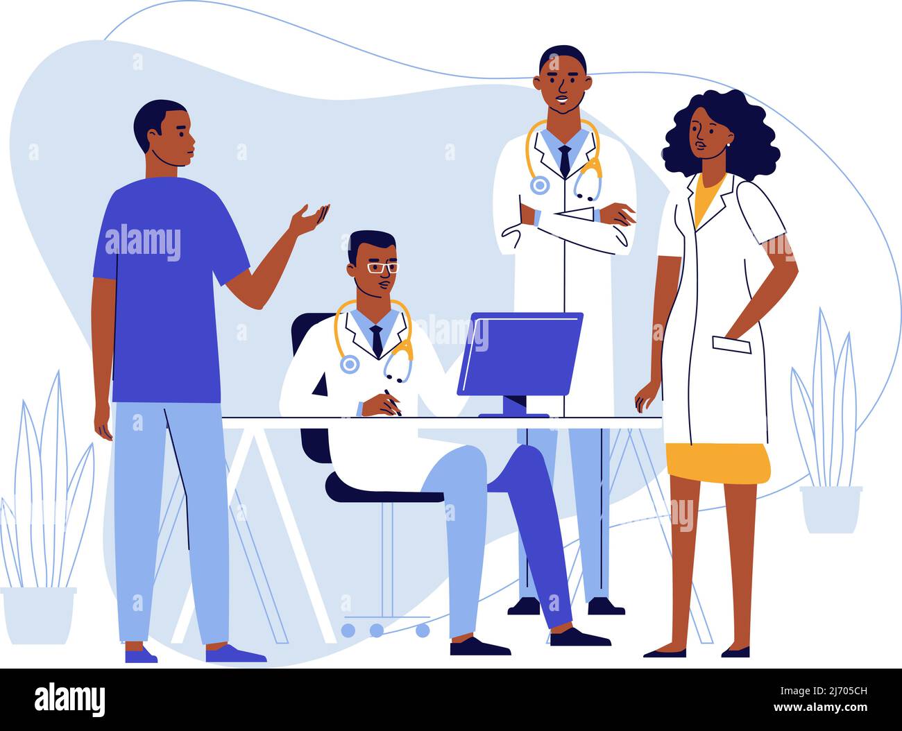 Médecins médecins noirs jeune homme et femme dans le bureau médical de l'hôpital. Consultation et diagnostic. Illustration de Vecteur
