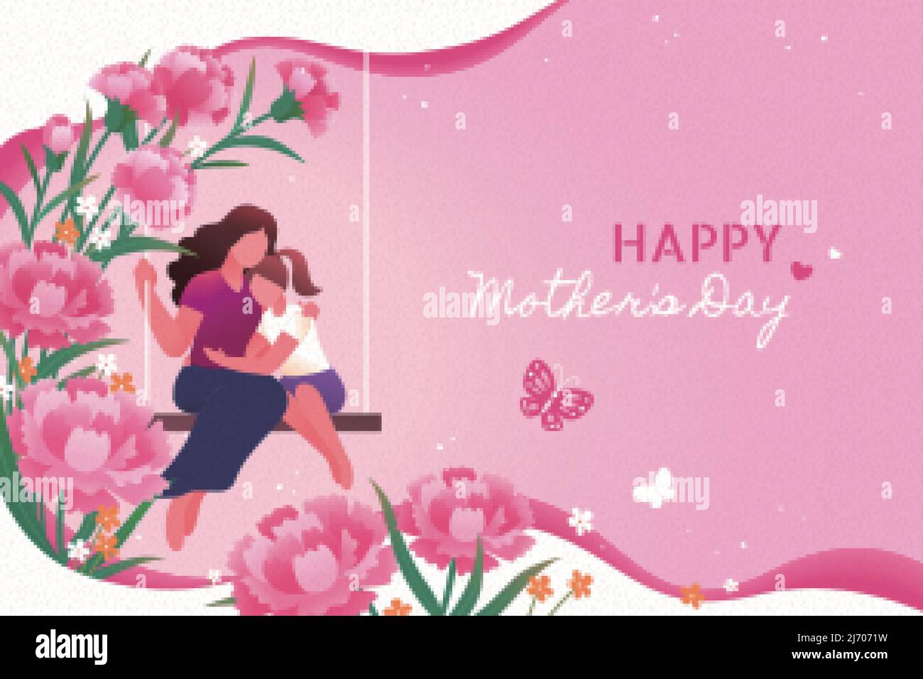 Carte de vœux de fête des mères rose. Illustration d'une fille embrassant sa mère sur une balançoire avec des œillets sur fond rose Illustration de Vecteur