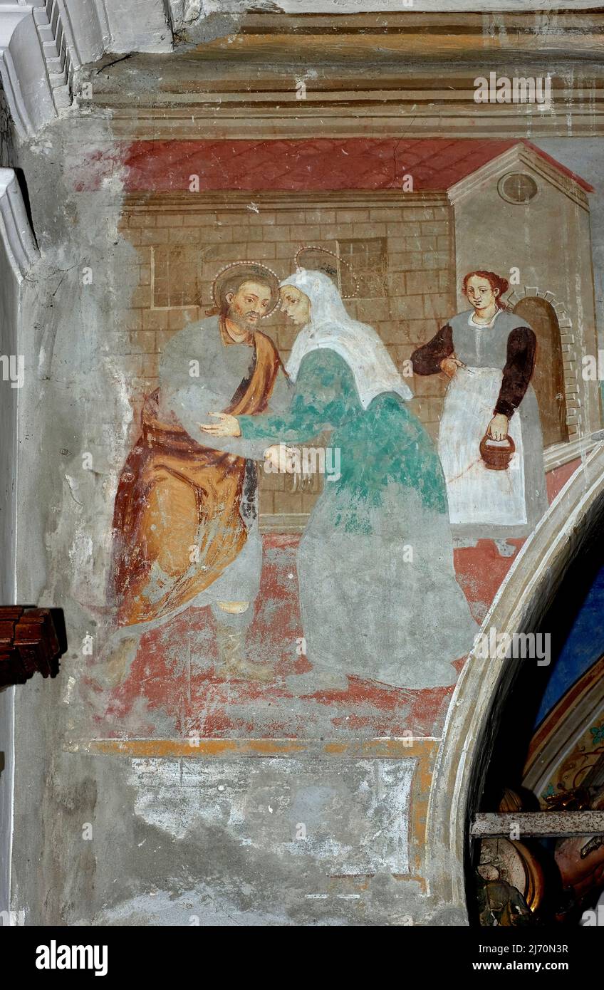 Incontro di Anna e Gioachino alla Porta Aurea - affresco - XVII secolo - Graile (SO) ,Italia,chiesa di S. Michele e della Madonna di Biorca Banque D'Images Incontro di Anna e Gioachino alla Porta Aurea - affresco - XVII secolo - Graile (SO) ,Italia,chiesa di S. Michele e della Madonna di Biorca Banque D'Images