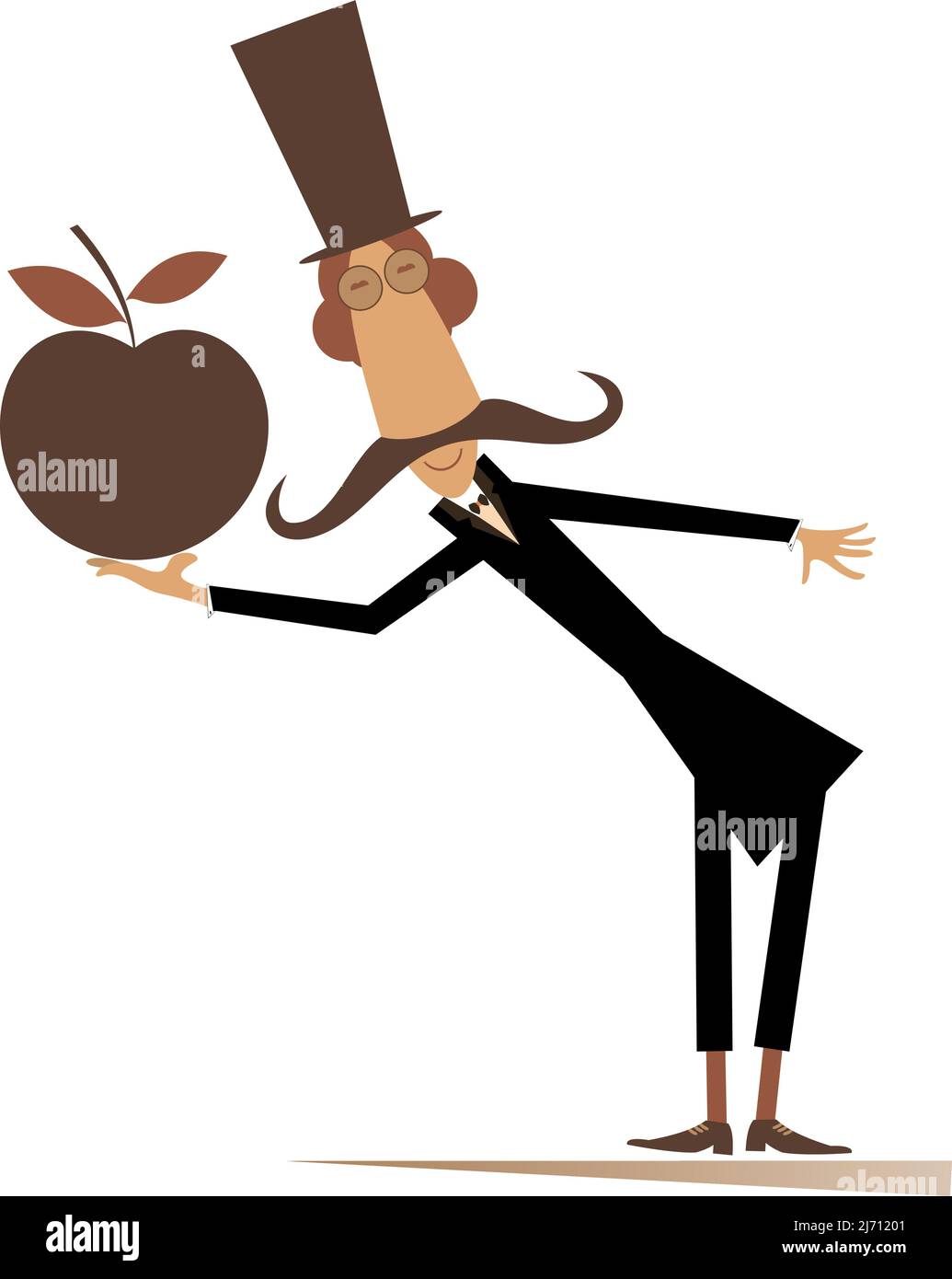 Homme de dessin animé dans le chapeau supérieur tient une grosse pomme. Homme de jardinier à longue moustache comique dans le chapeau supérieur tenant une pomme. Isolé sur fond blanc Illustration de Vecteur