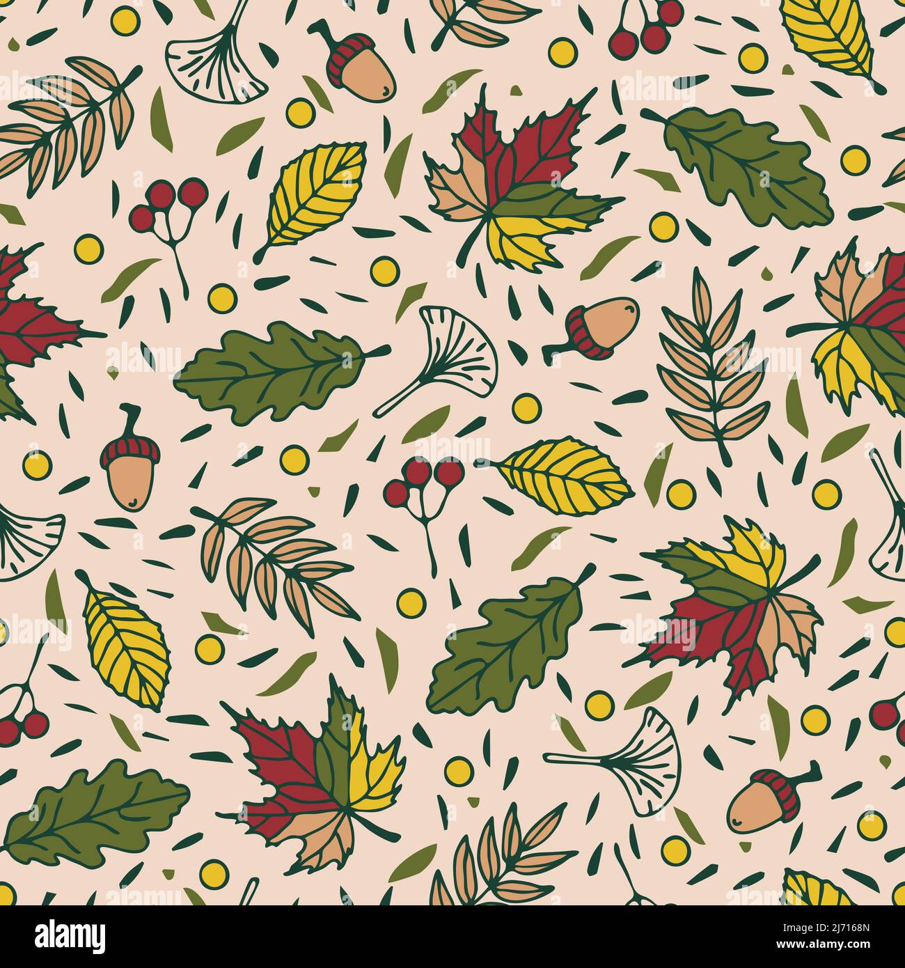 Motif vectoriel sans couture avec feuilles d'automne sur fond beige. Superbe papier peint automne. Texture textile décorative de la forêt. Illustration de Vecteur