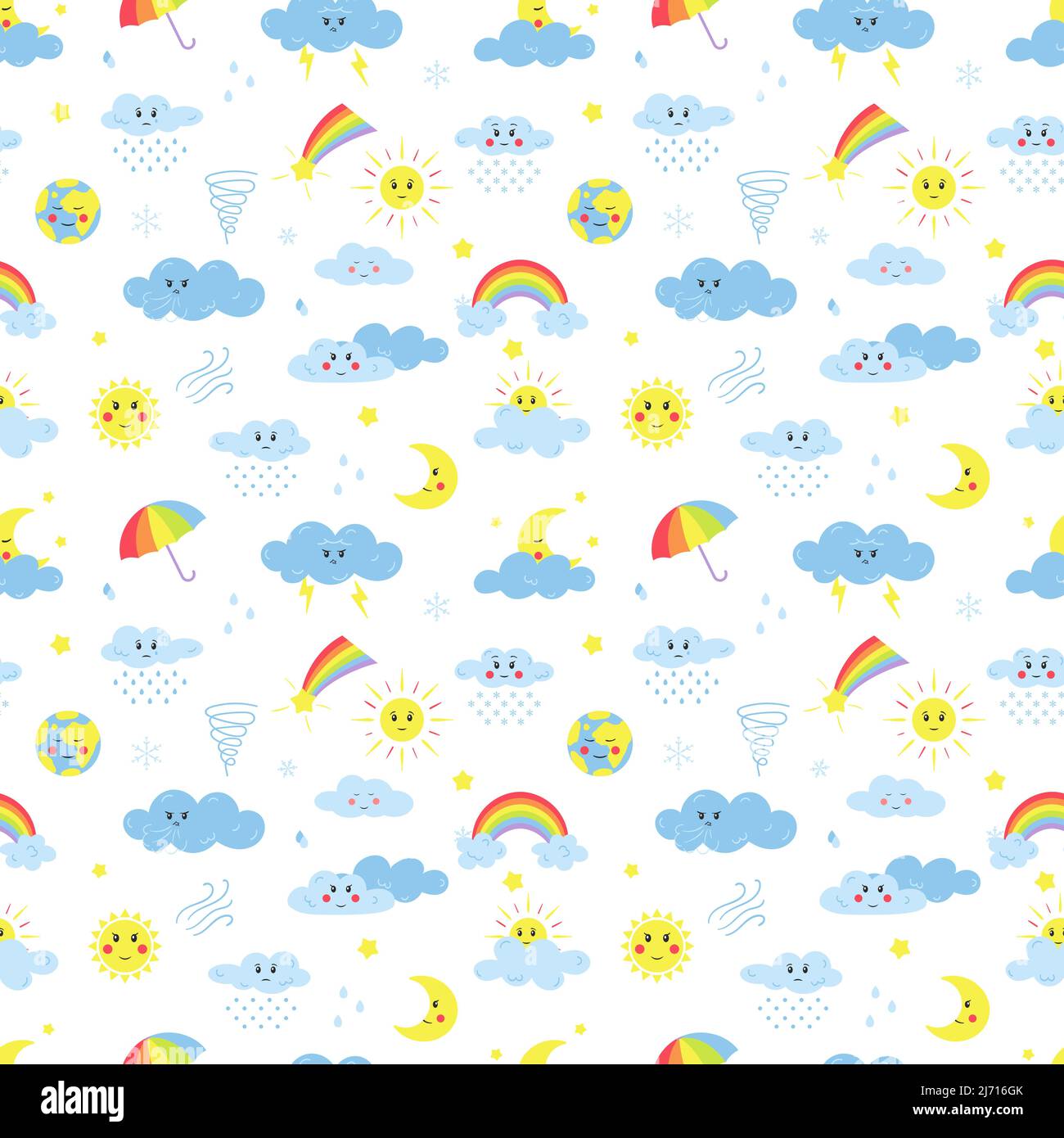 Motif sans couture avec éléments météorologiques, nuages, soleil, pluie, parapluie, arc-en-ciel Pour les textiles et les produits pour enfants. Vecteur de dessin animé couleur i Illustration de Vecteur