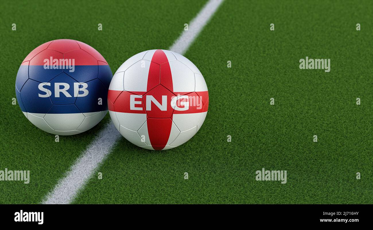 Match de football Angleterre contre Serbie - balles en cuir dans les couleurs nationales de l'Angleterre et de la Serbie.Rendu 3D Banque D'Images