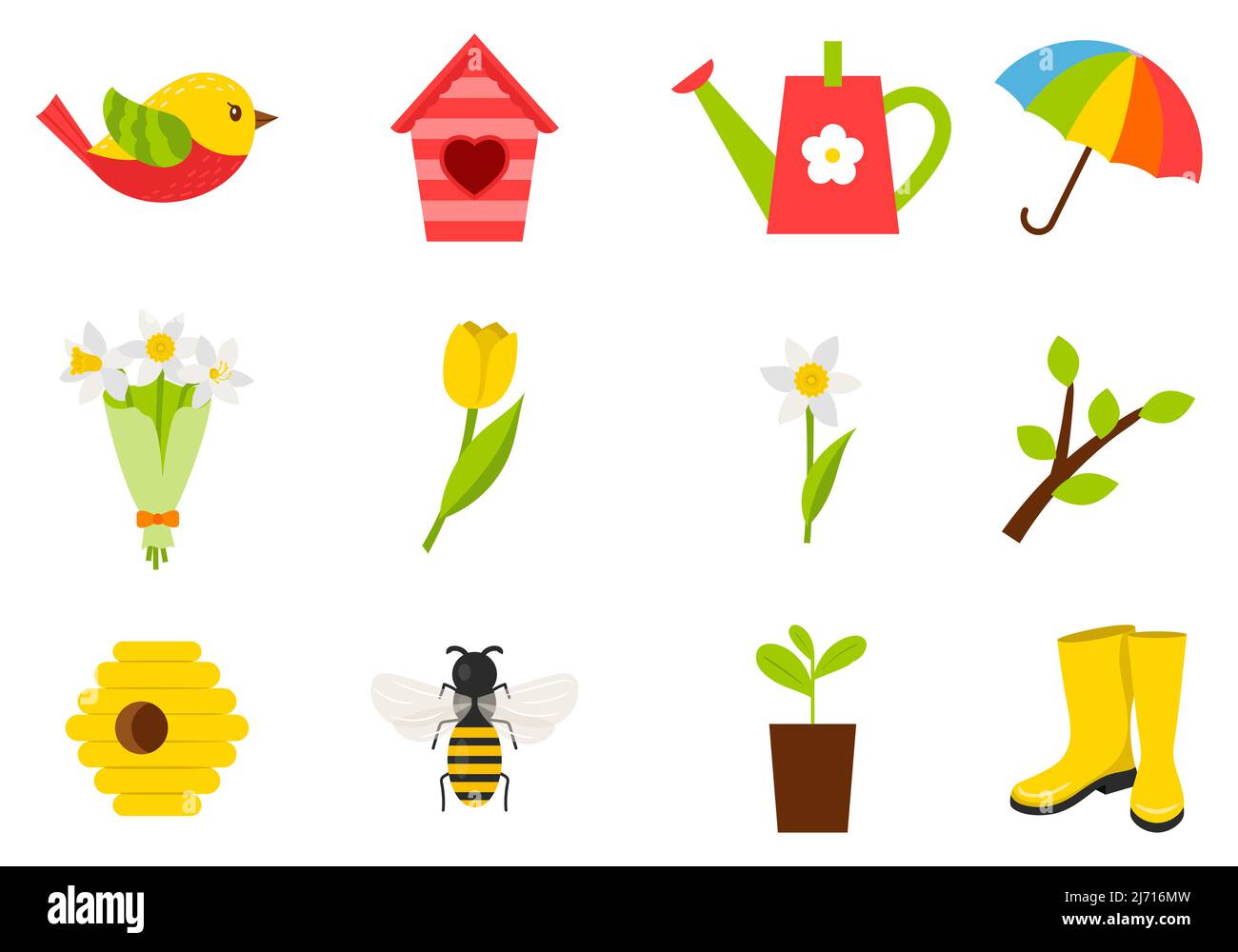 Un ensemble d'icônes sur le thème du printemps, de l'été. Insectes, oiseaux, tulipes, météo, cabane à oiseaux. Illustrations vectorielles couleur de style dessin animé. Isolé sur un Illustration de Vecteur