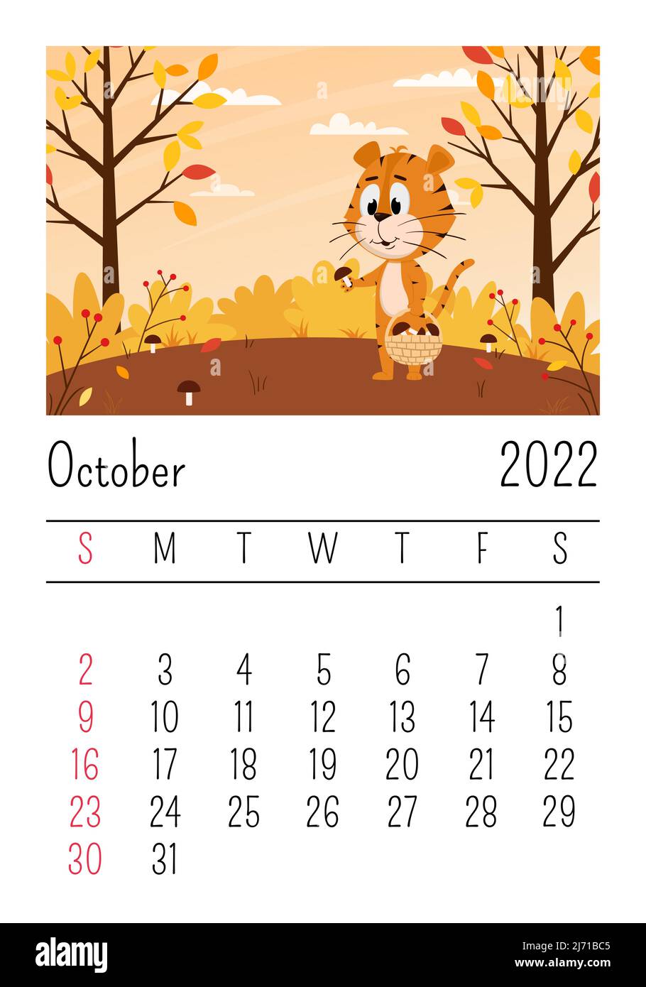 Modèle de conception pour le calendrier 2022, octobre. Mignon dessin animé tigre collecte des champignons dans la forêt. Paysage d'automne. Le symbole de l'année. ANI Illustration de Vecteur