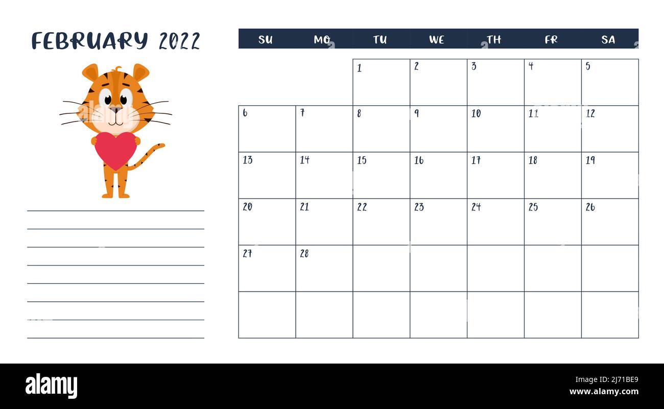 Modèle de page de calendrier horizontal pour le mois de février 2022 avec un symbole d'année en chinois. La semaine commence le dimanche. Un tigre tient un cœur en lui Illustration de Vecteur