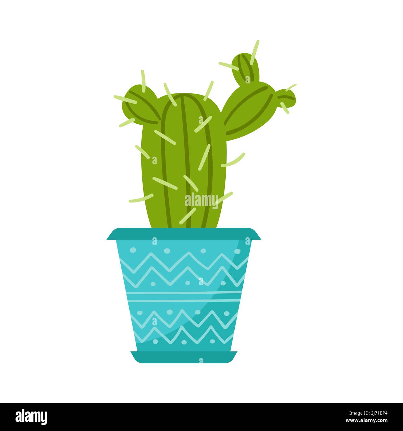 Plante intérieure, cactus dans un pot bleu avec un motif. Fleur de maison. Illustration vectorielle de style dessin animé plat, isolée sur fond blanc Illustration de Vecteur